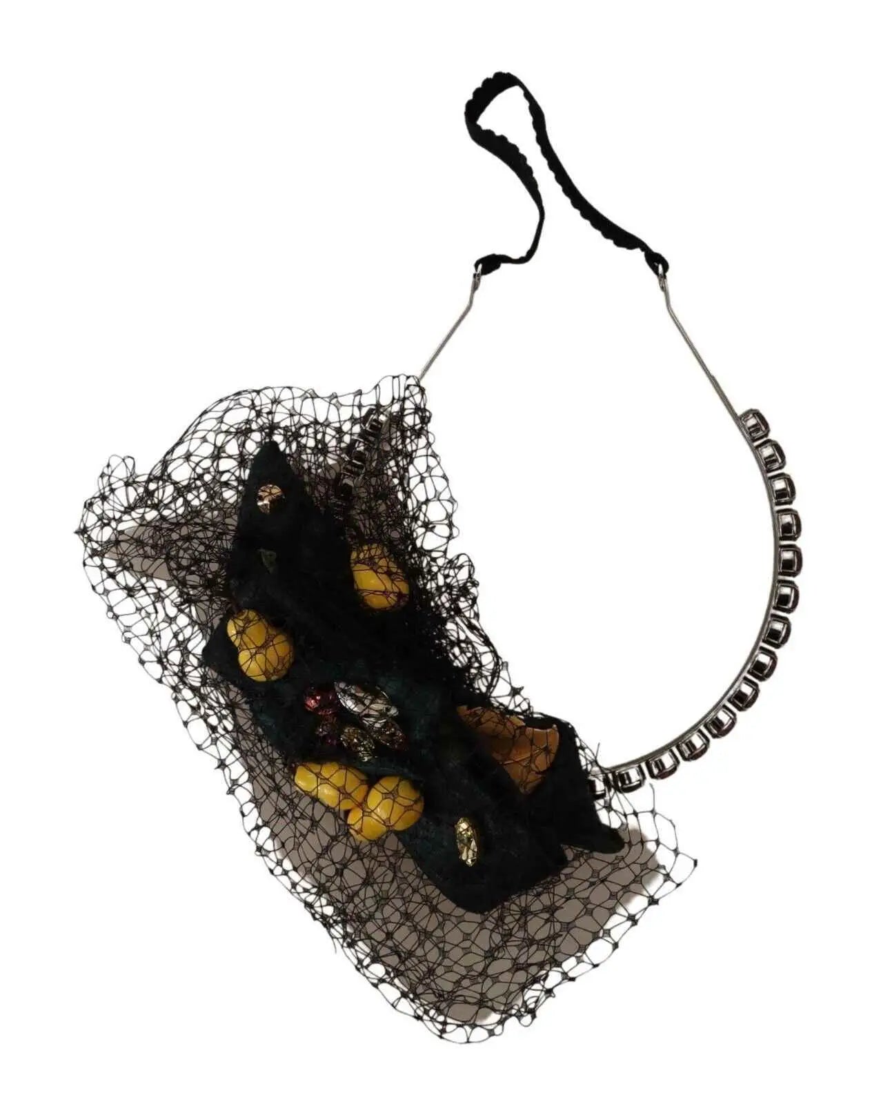 Mask black lace with gold embellishments and silver chain strap from dolce & gabbana silver tiara crystals fruits black mesh diadem headband