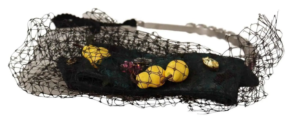 Black lace headband with yellow beaded accents and gold pin inspired by dolce & gabbana silver tiara crystals fruits mesh diadem