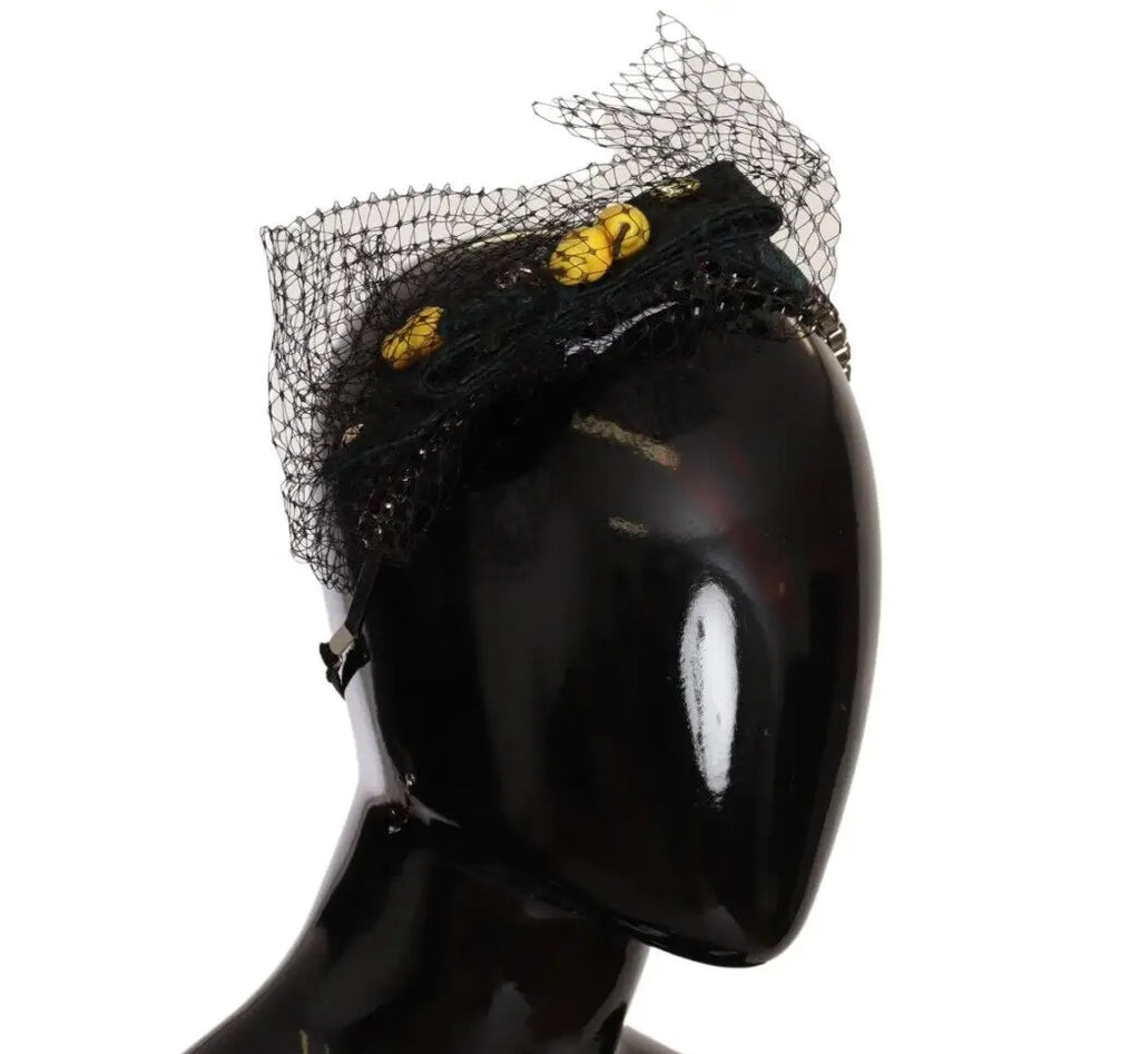 Dolce & gabbana diadème en tissu noir avec cristaux argentés et embellissements floraux jaunes en résille