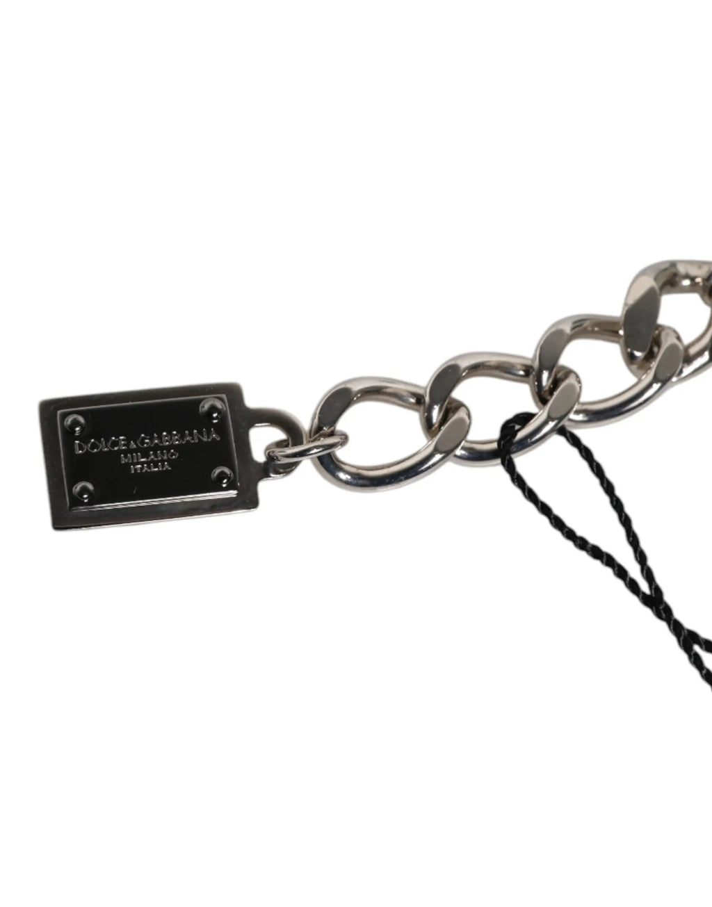 Bracelet chaîne argenté en laiton avec plaque noire rectangulaire logo dolce & gabbana et perles dés