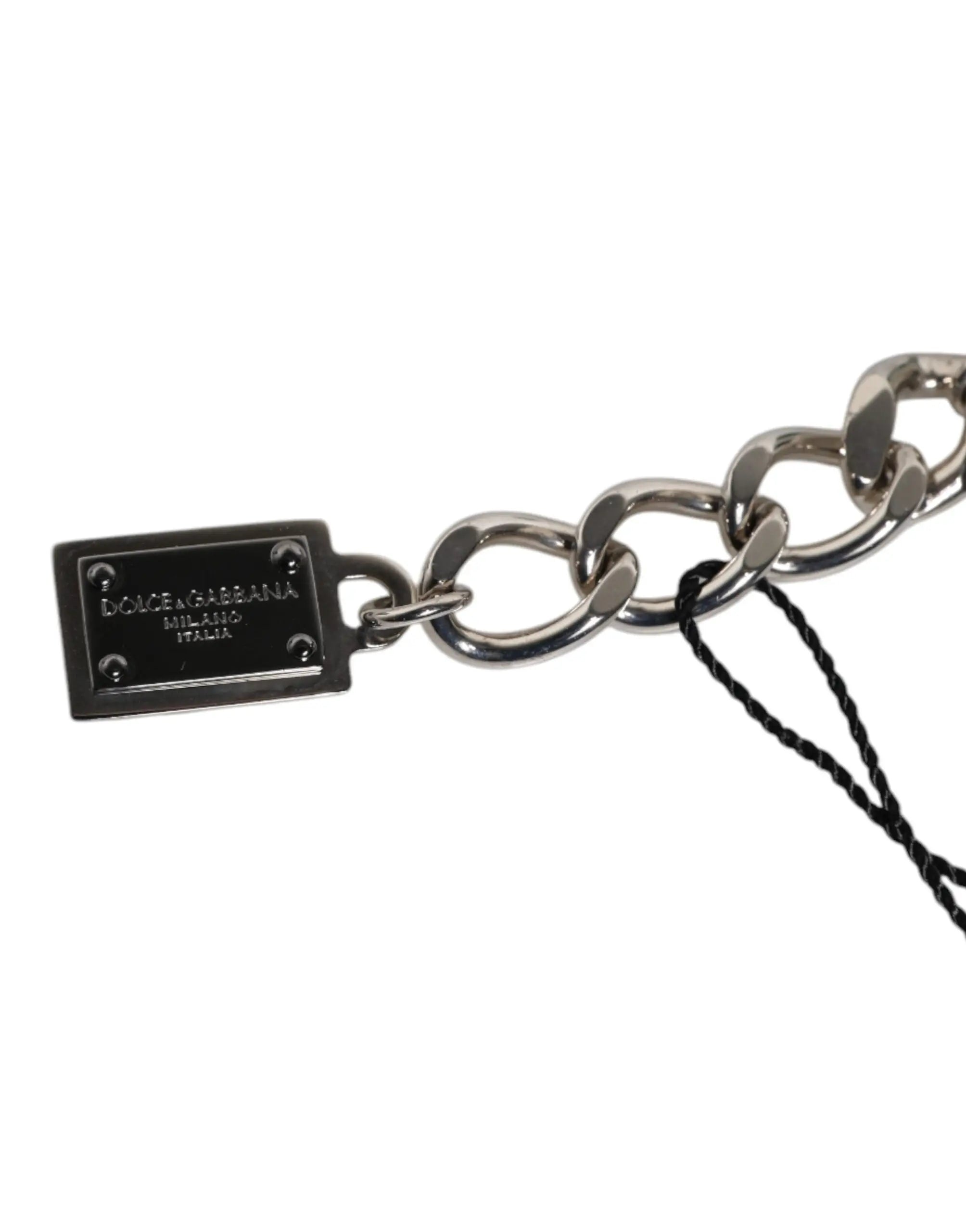 Bracelet chaîne argenté en laiton avec plaque noire rectangulaire logo dolce & gabbana et perles dés