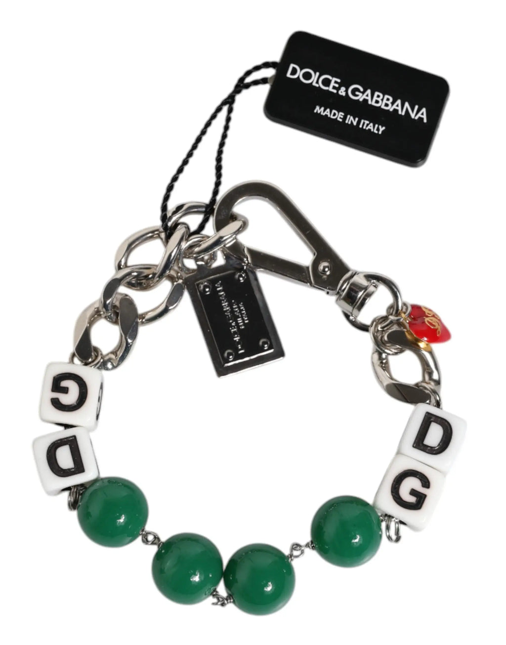 Bracelet chaîne en argent dolce & gabbana avec breloques lettres vertes et blanches et perles en laiton