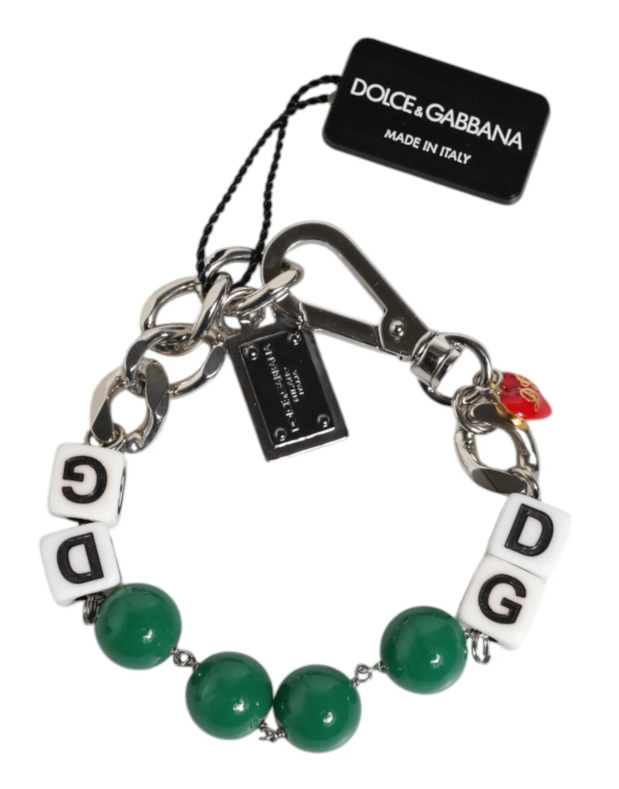 Bracelet chaîne en argent dolce & gabbana avec breloques lettres vertes et blanches et perles en laiton