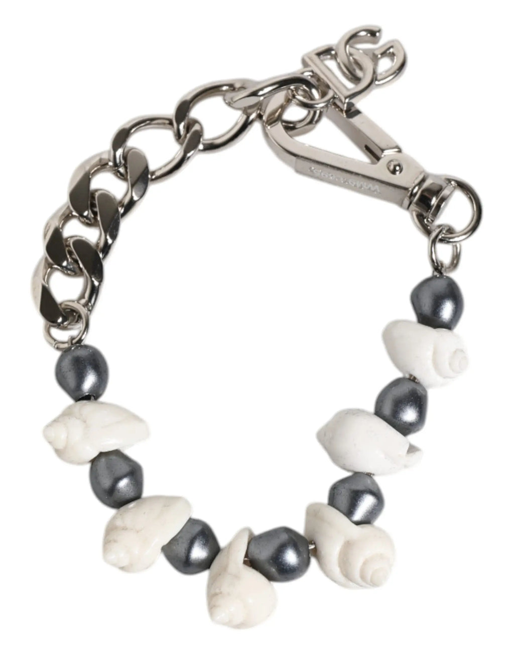 Bracelet dolce & gabbana en laiton argenté avec perles grises foncées, coquillages blancs et fermoir logo dg