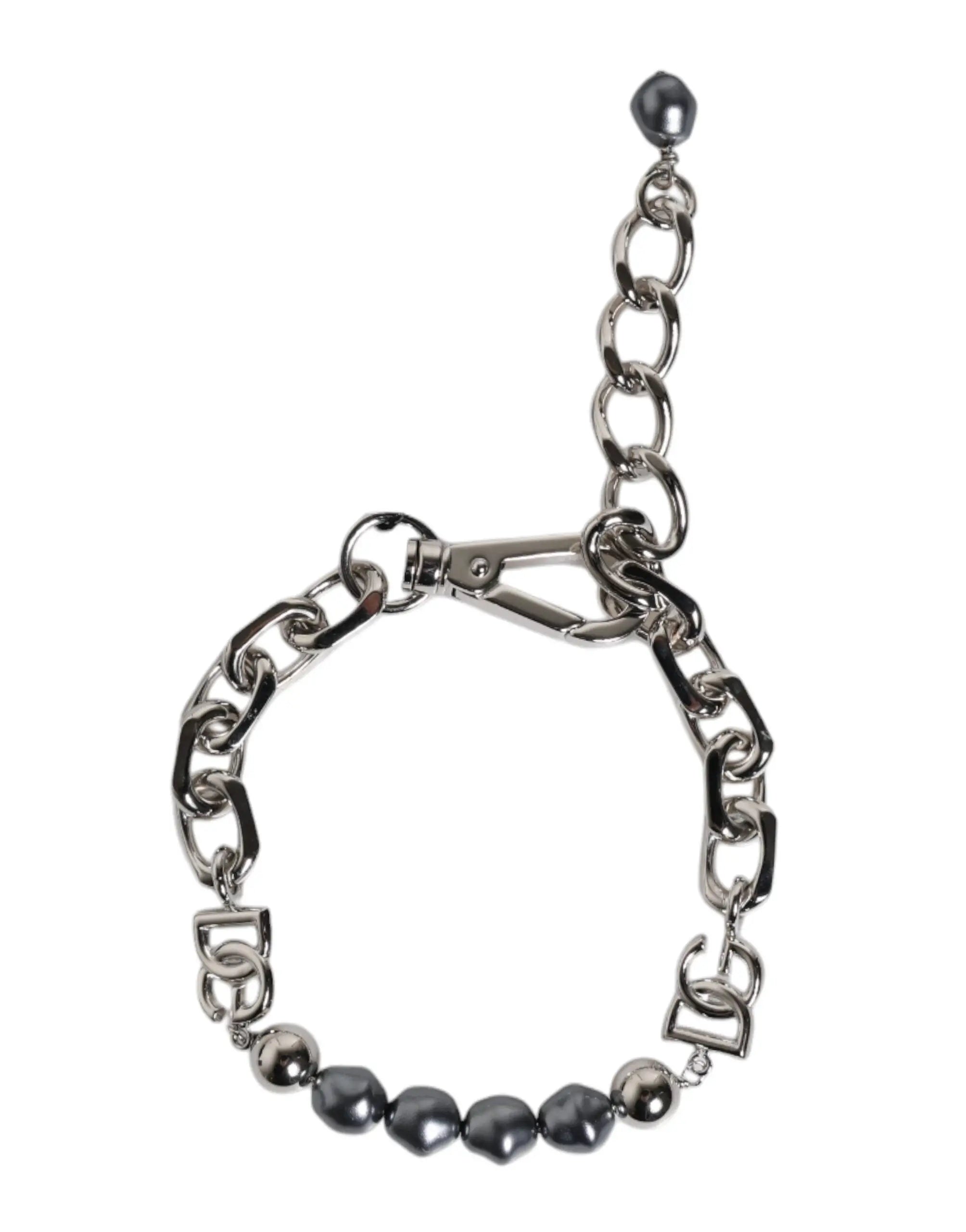 Bracelet chaîne argenté dolce & gabbana avec maillons ovales perles grises et charms logo entrelacés
