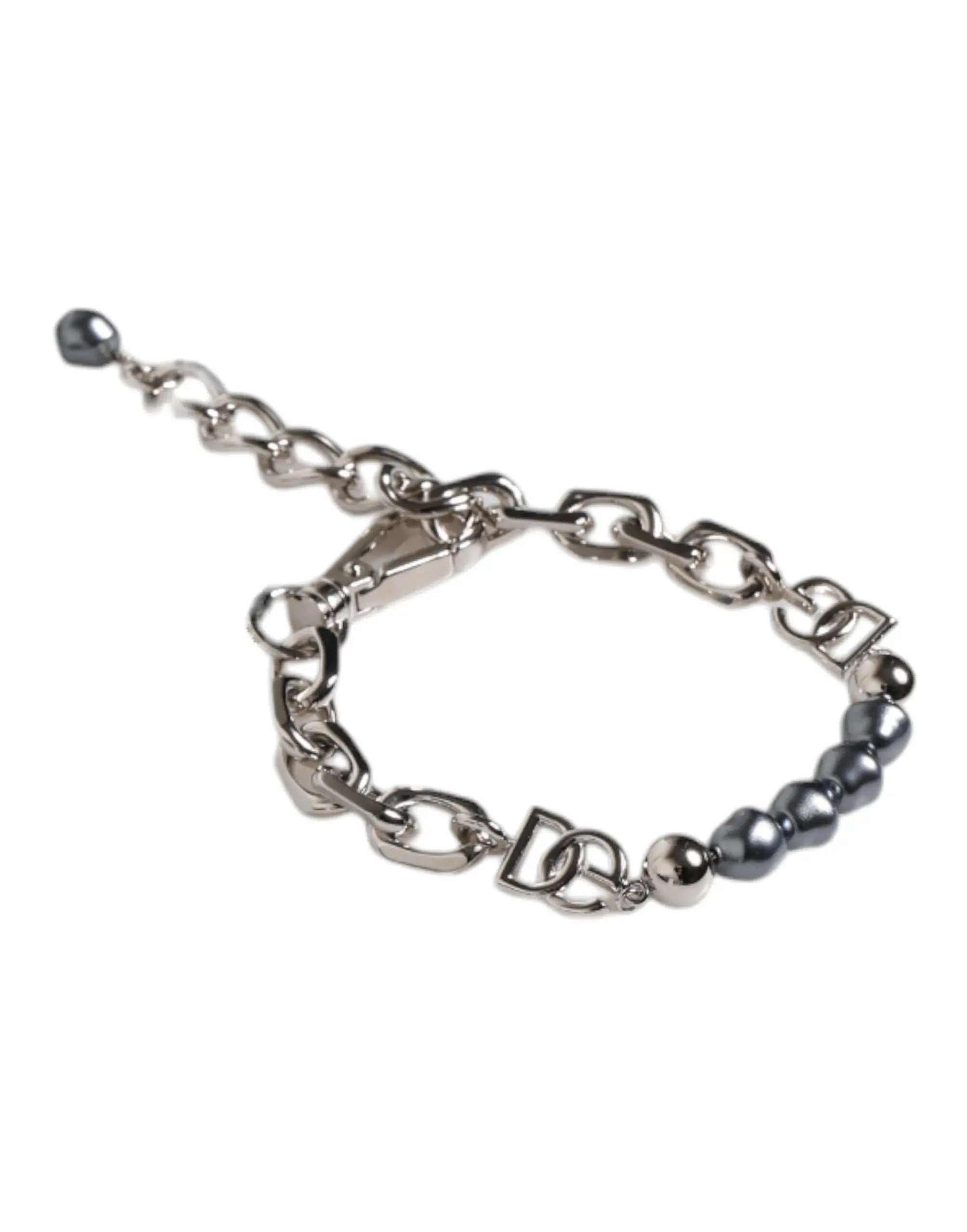 Bracelet dolce & gabbana en chaîne argentée avec perles grises sphériques et fermoir à pince avec logo embossé