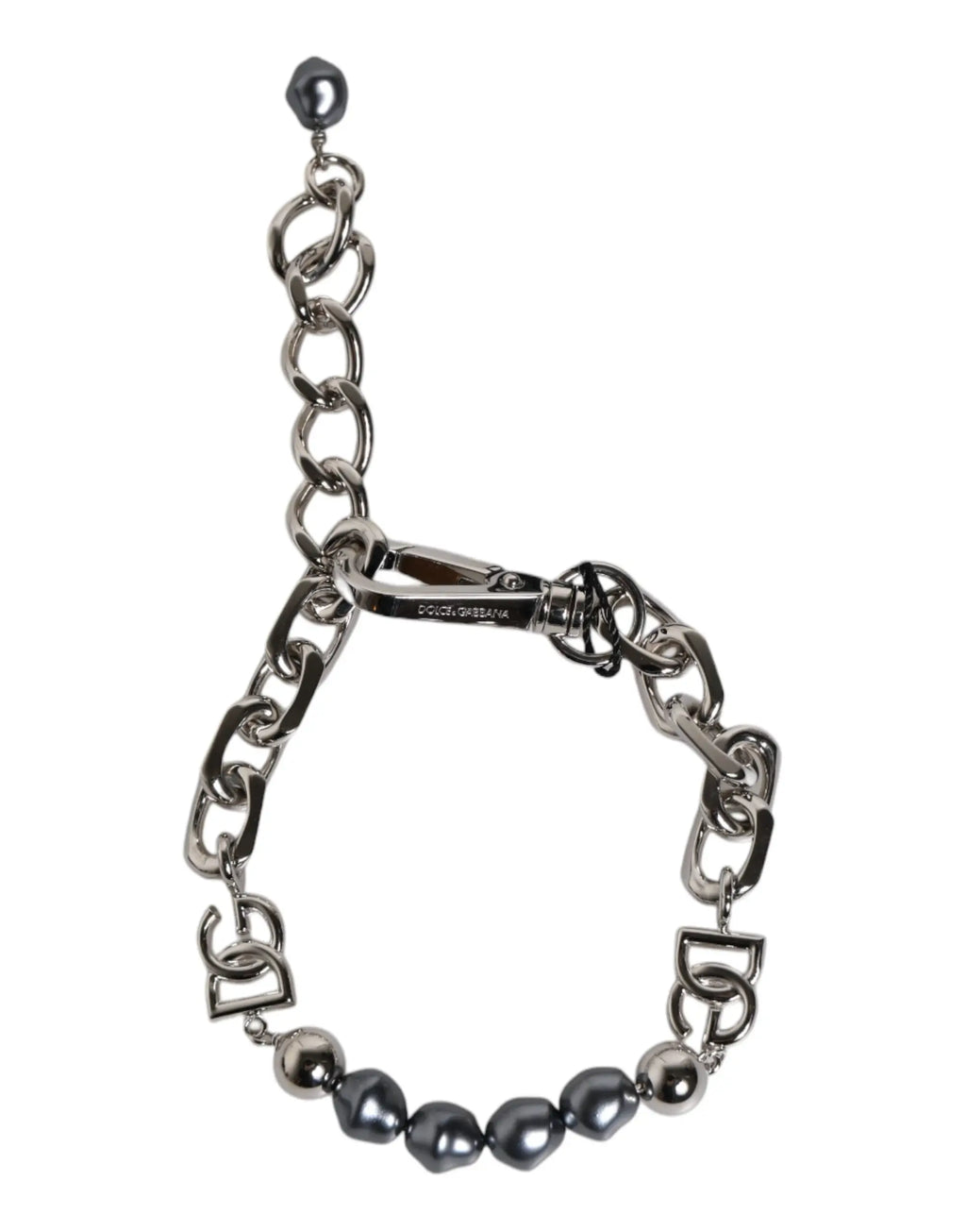 Bracelet chaîne argenté dolce gabbana avec maillons entrelacés perles grises et logo d en pendentif