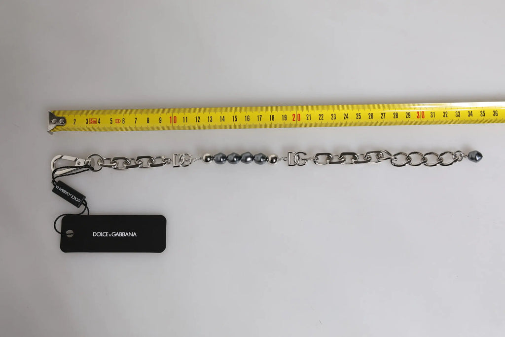 Bracelet dolce & gabbana argenté avec maillons entrelacés perles grises et fermoir homard logo
