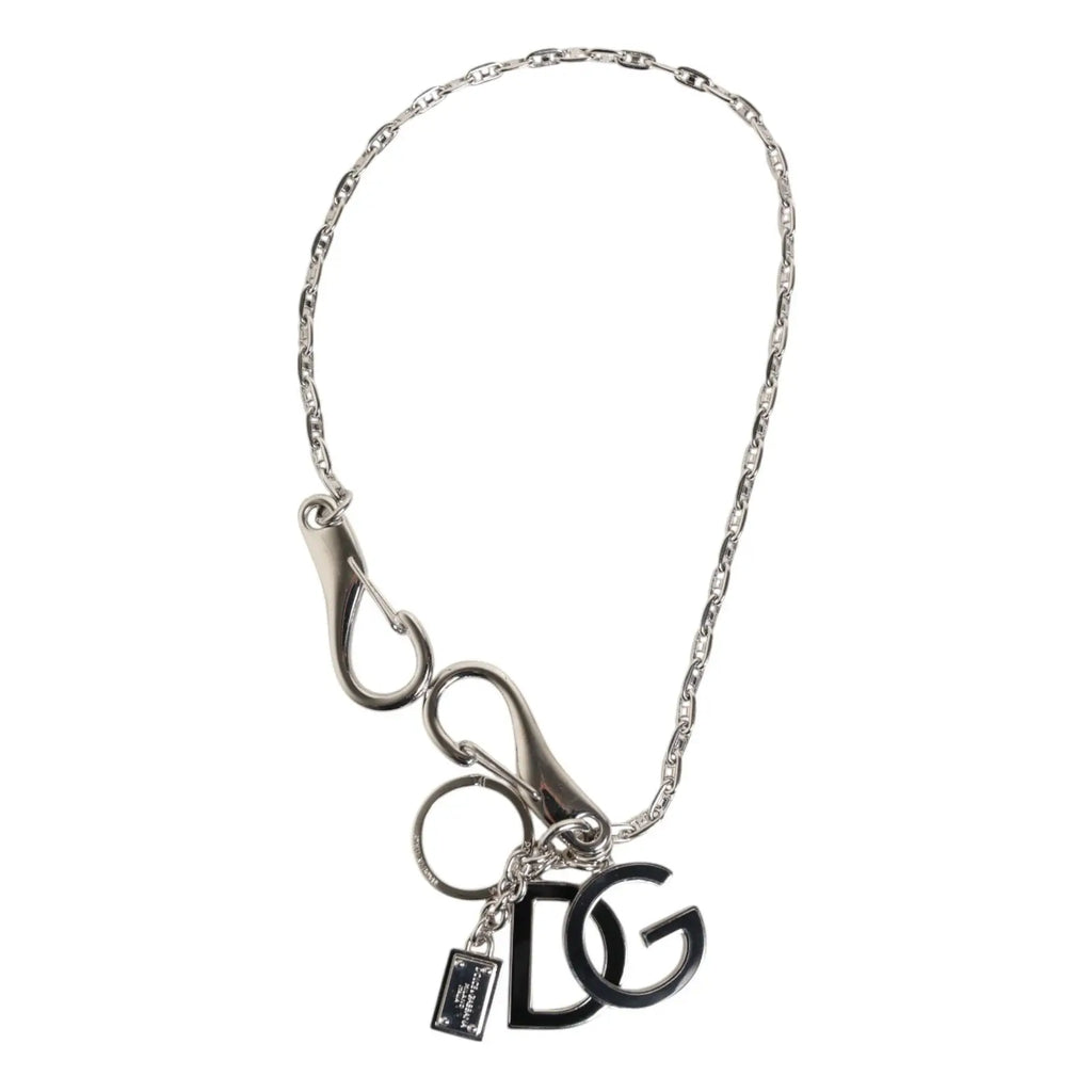 Porte-clés chaîne argentée dolce gabbana avec logo dg noir audacieux et multiples crochets pour attacher