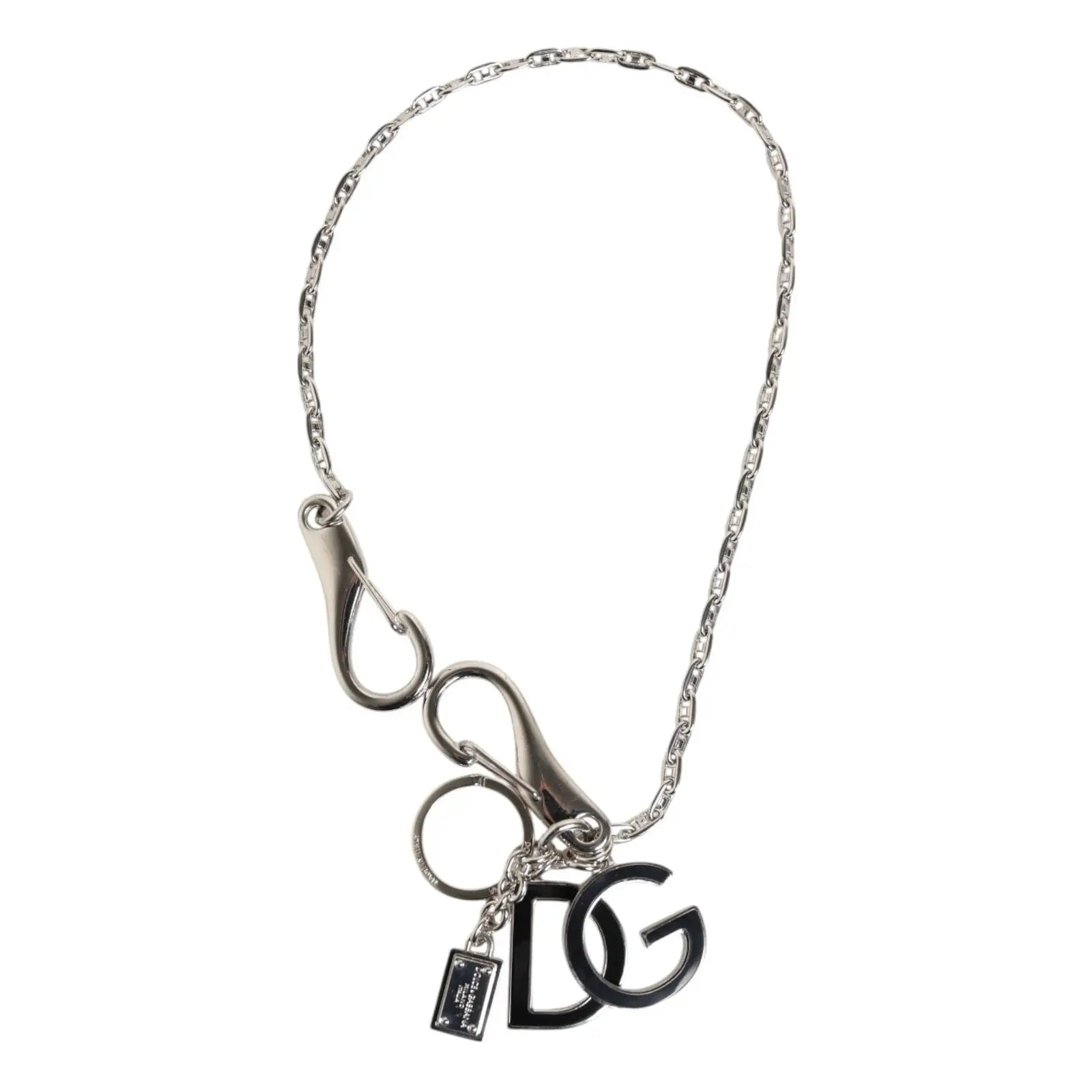 Porte-clés chaîne argentée dolce gabbana avec logo dg noir audacieux et multiples crochets pour attacher