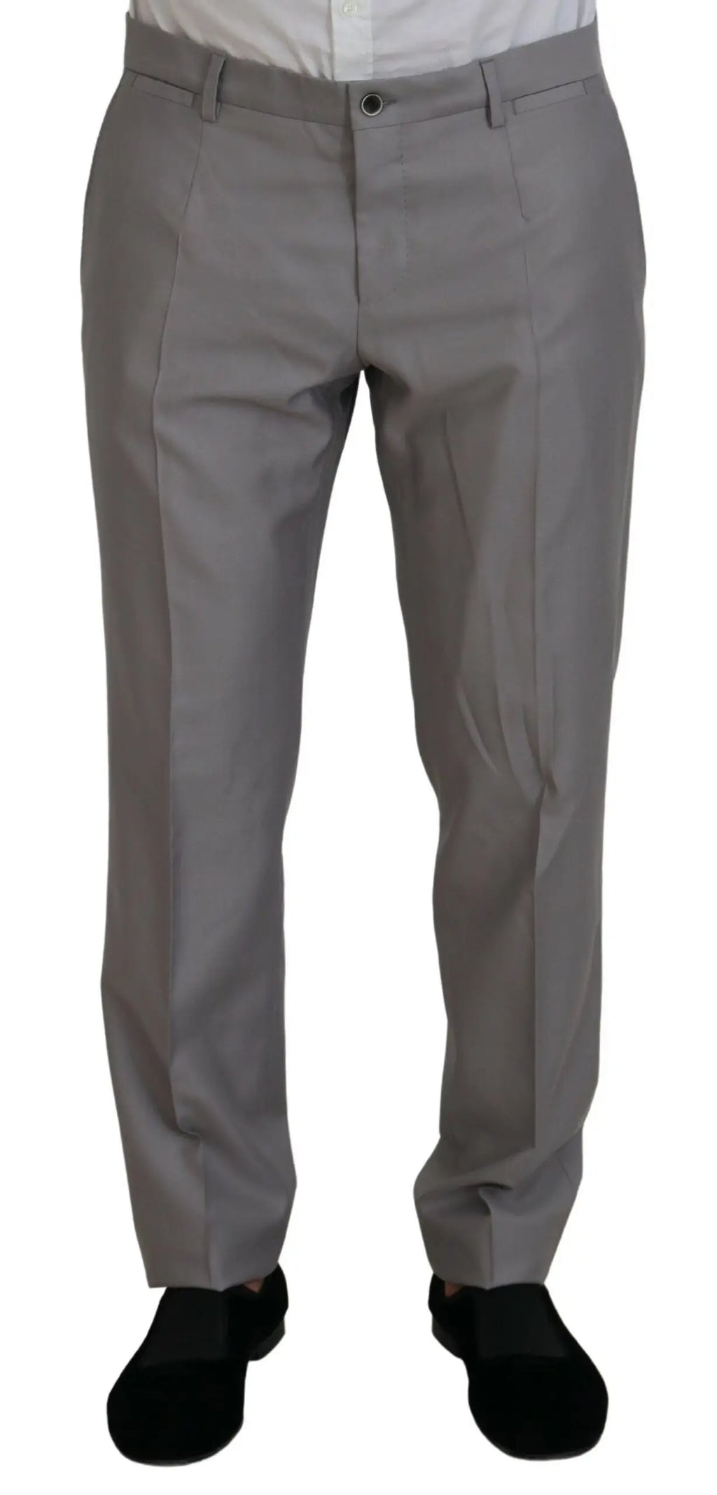 Pantalon gris formel dolce & gabbana en laine et soie argentée avec coupe slim et plis subtils devant