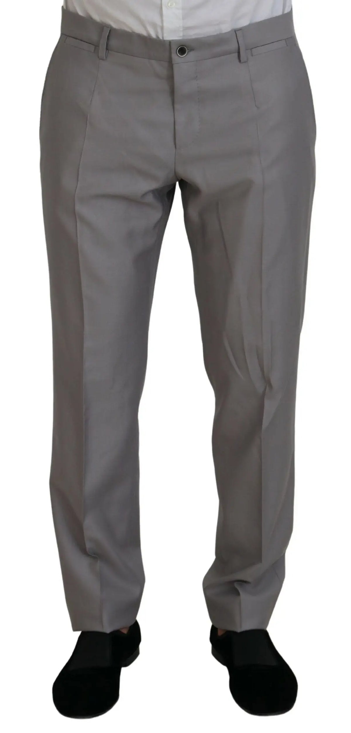 Pantalon gris formel dolce & gabbana en laine et soie argentée avec coupe slim et plis subtils devant