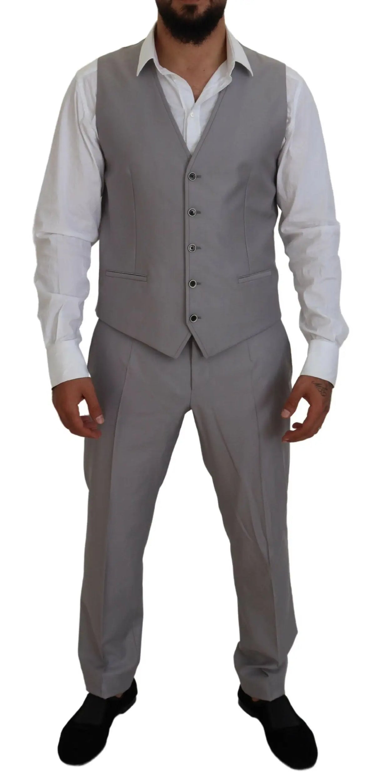 Gilet homme gris formel dolce & gabbana en laine et soie avec fermeture à boutons et deux poches avant