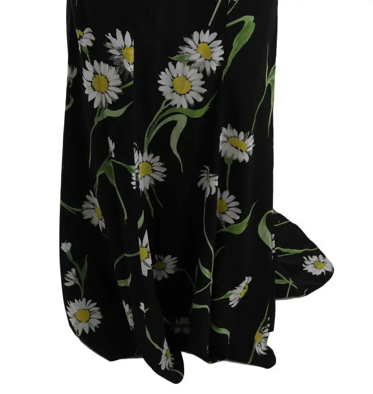 Jupe longue noire à motif marguerite blanche avec centres jaunes et tiges vertes dolce gabbana en soie stretch