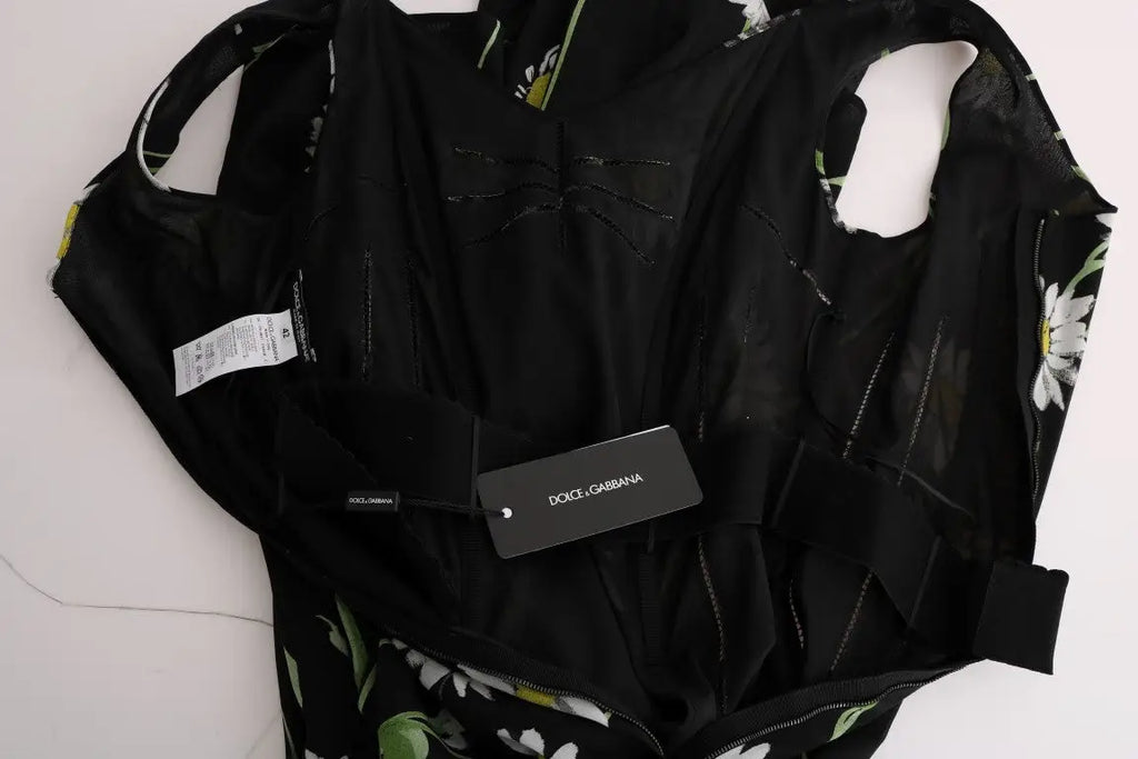 Robe fourreau en soie noire dolce & gabbana avec broderie florale blanche et verte style tournesol