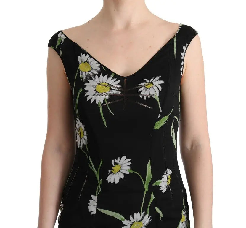 Robe fourreau noire dolce & gabbana en soie stretch avec coupe sans manches col v et imprimé marguerites