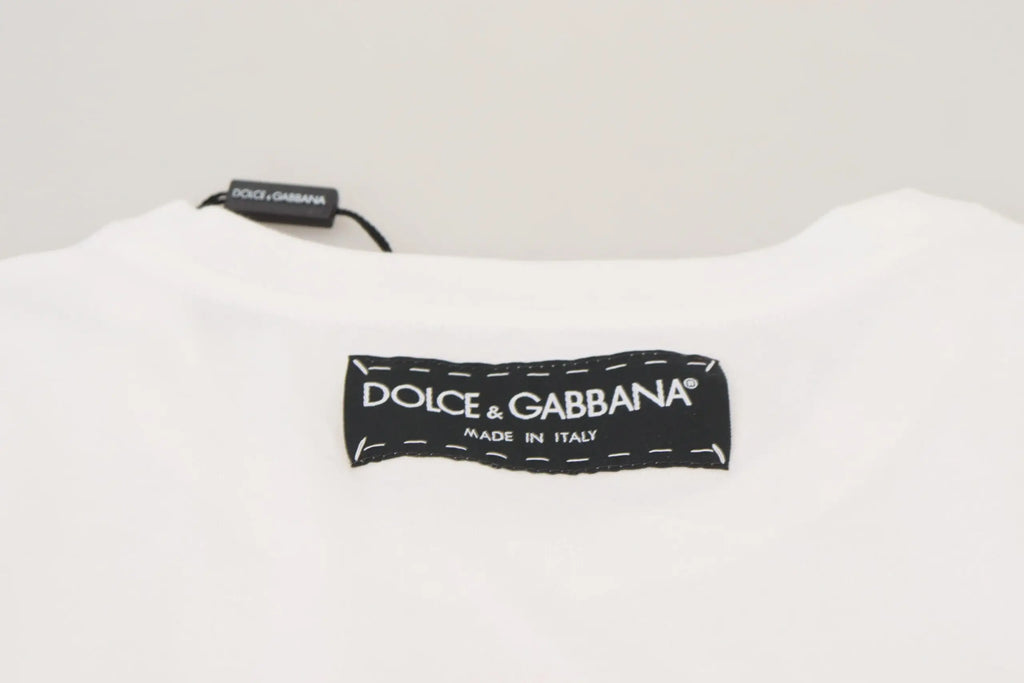 T-shirt dolce & gabbana blanc avec étiquette noire à couture blanche et texte made in italy en coton texturé manches courtes