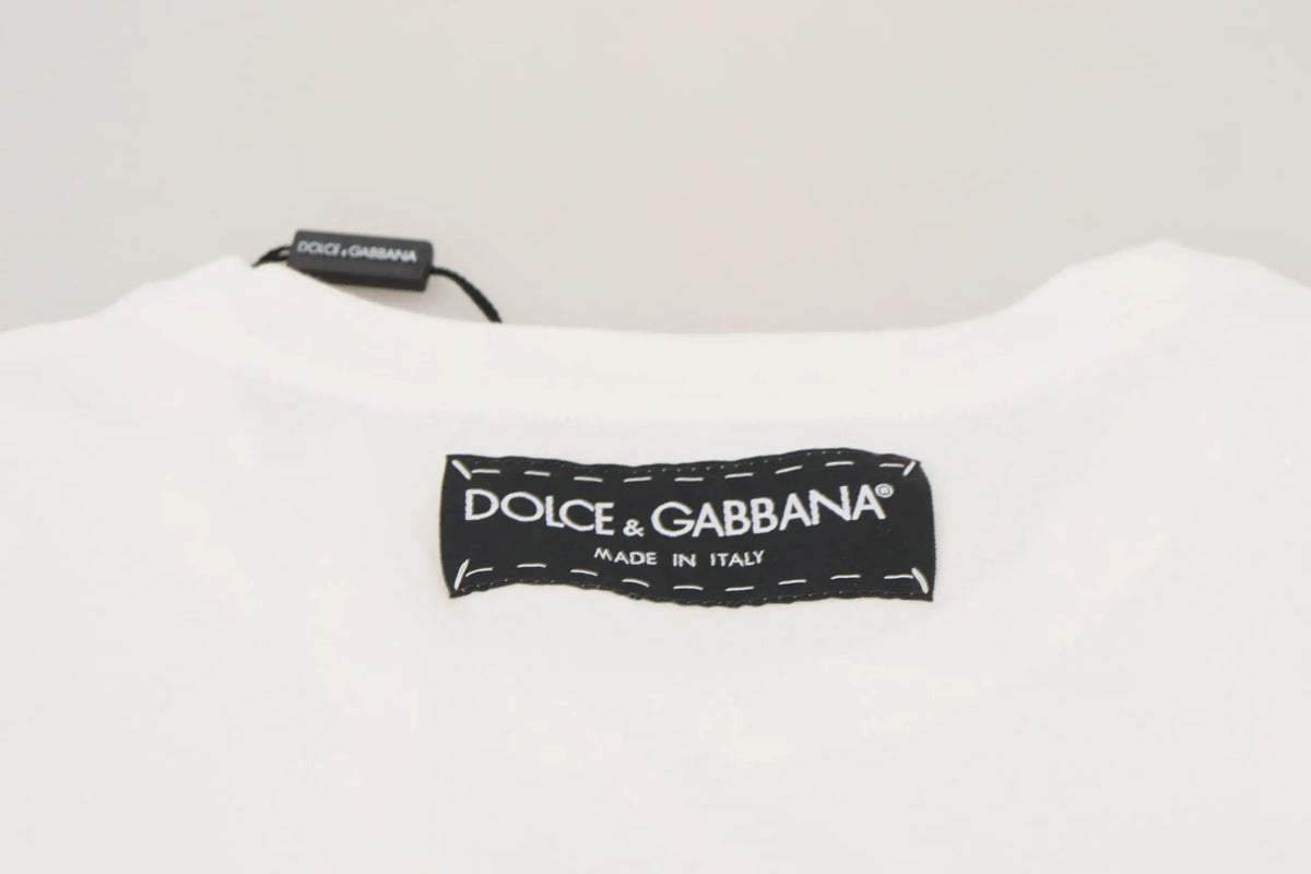 T-shirt dolce & gabbana blanc avec étiquette noire à couture blanche et texte made in italy en coton texturé manches courtes