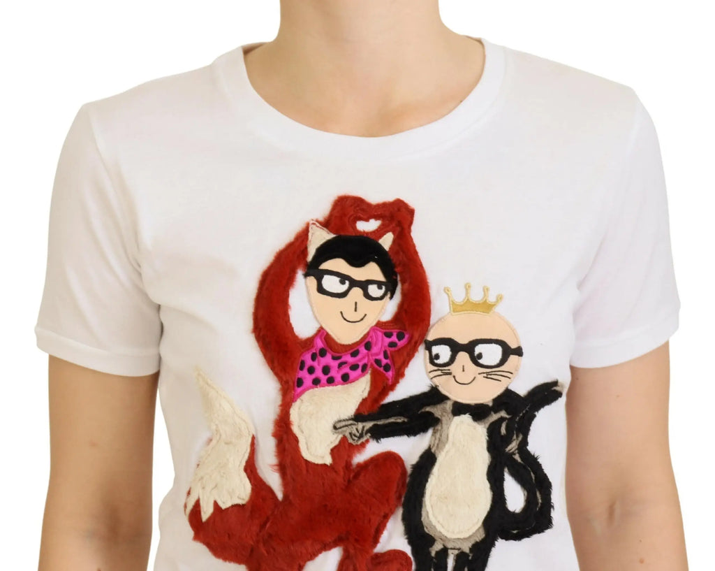 Dolce & gabbana t-shirt blanc texturé manches courtes avec broderies personnages animés renard rouge et chat noir et blanc avec lunettes