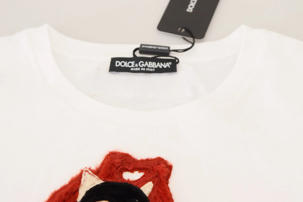 T-shirt dolce & gabbana blanc en tissu texturé avec manches courtes et renard brodé rouge et noir