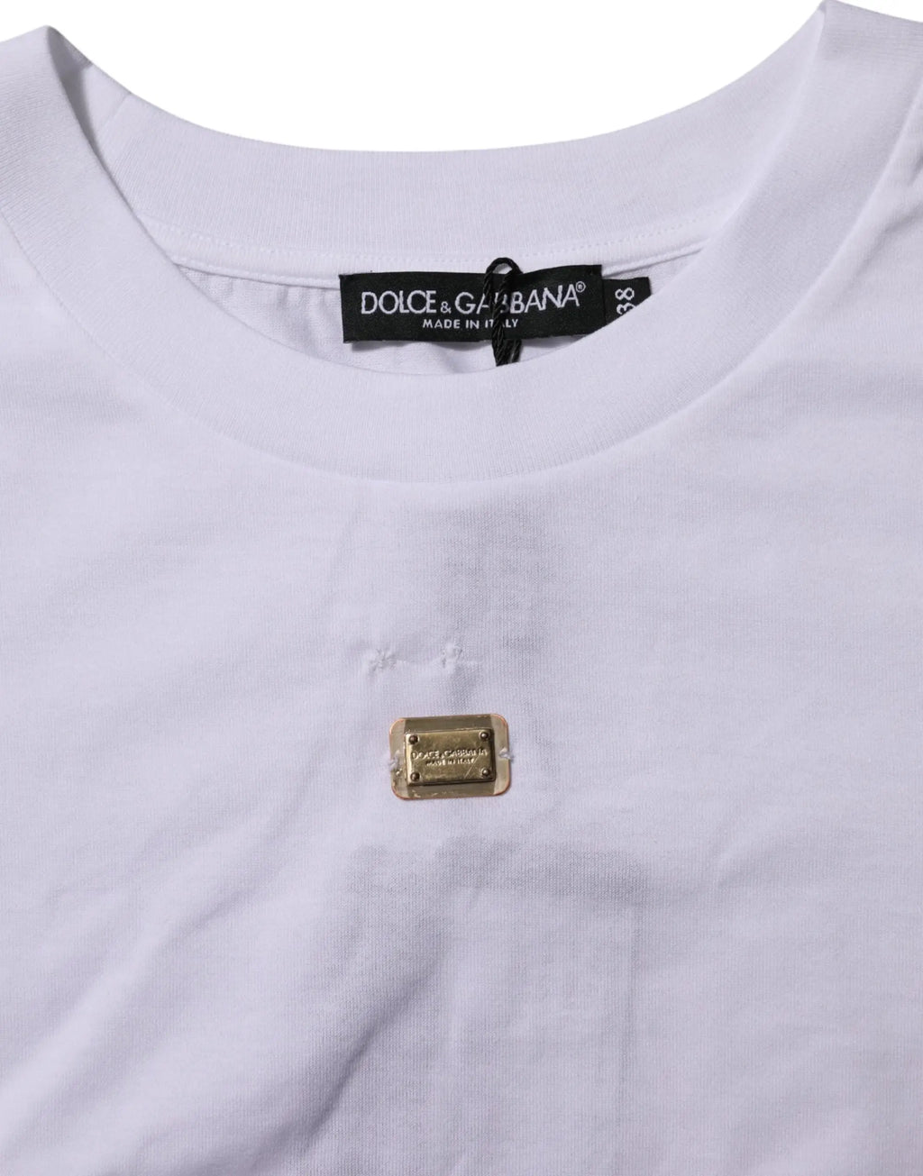 T-shirt dolce & gabbana blanc en coton avec logo rectangulaire doré au niveau de la poitrine manches courtes col rond