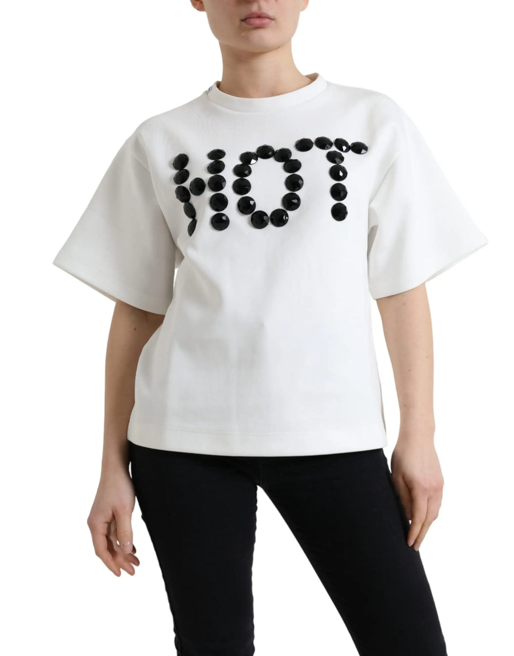 T-shirt blanc oversized dolce & gabbana en coton stretch avec le mot not en boutons noirs brillants sur la poitrine