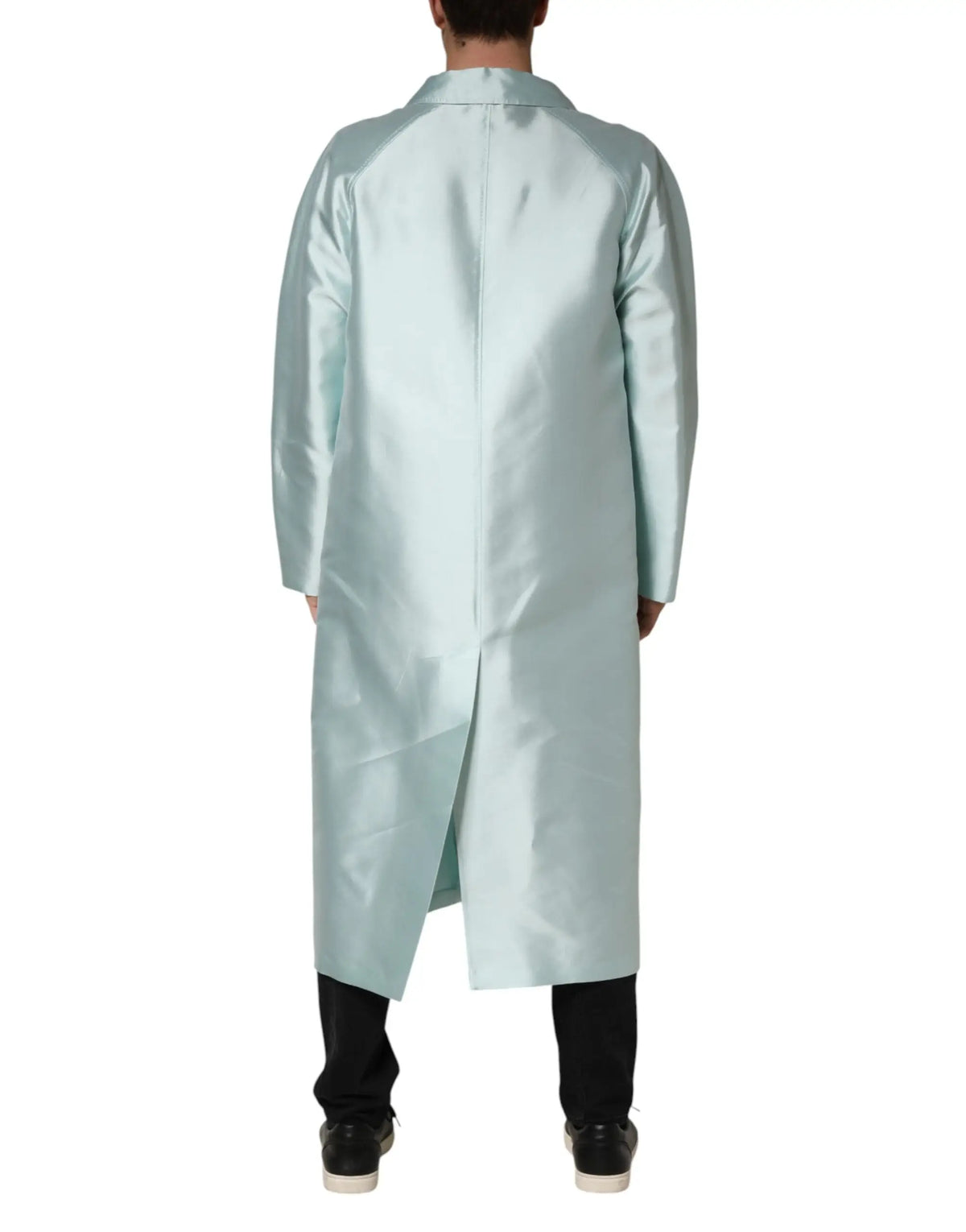 Manteau trench long dolce & gabbana en satin bleu clair avec col classique et manches longues