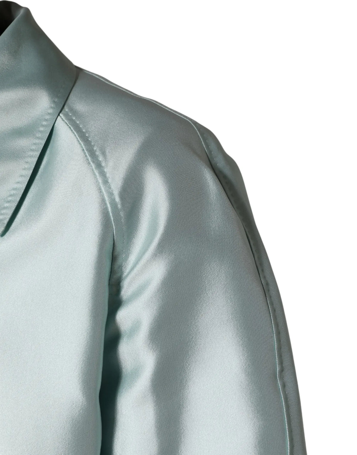 Dolce & gabbana teal satin long trench coat jacket in light green with glossy finish and precise shoulder stitching
