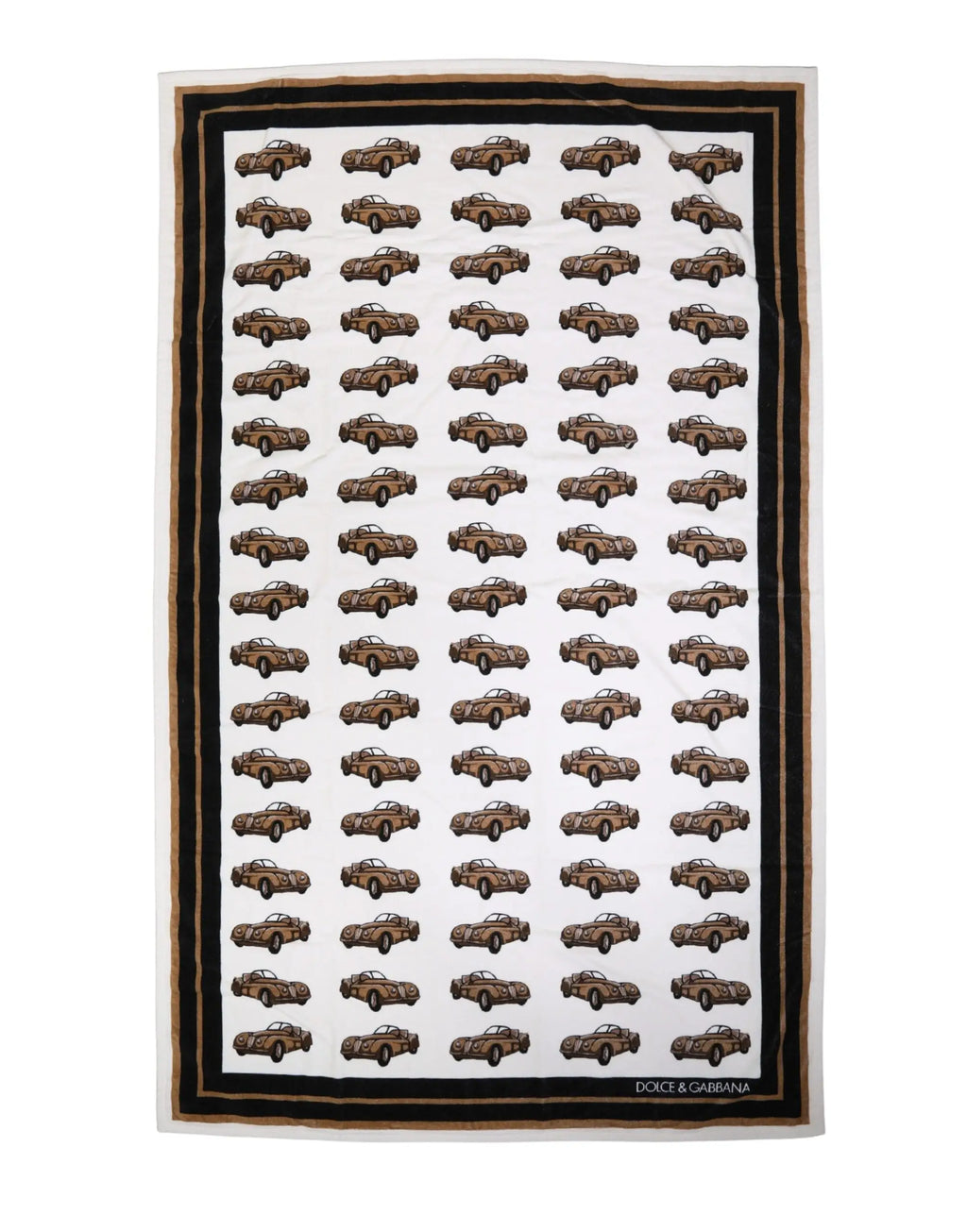 Écharpe dolce & gabbana blanche en coton avec motif voitures vintage marron et bordures noir et beige pour plage