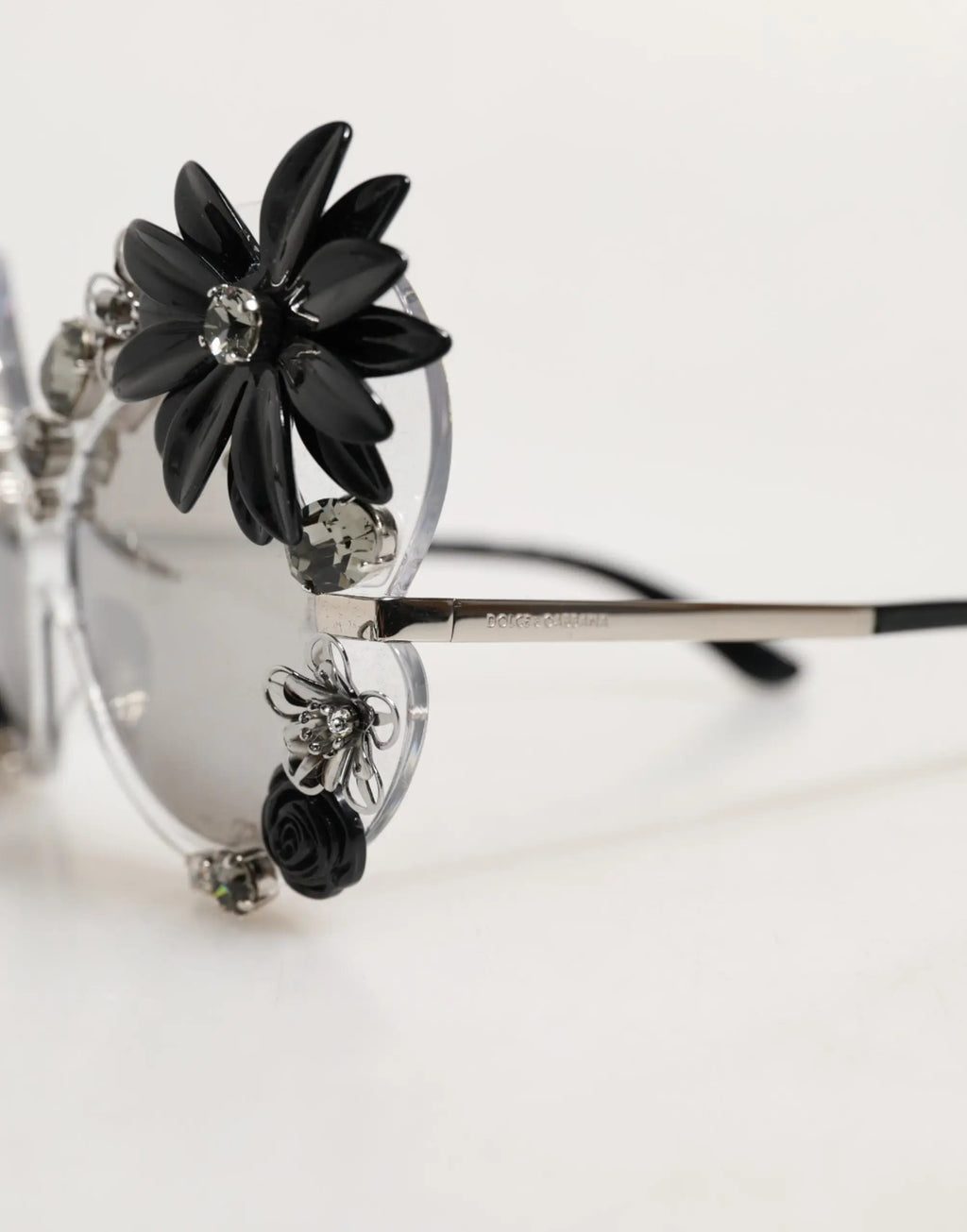 Lunettes de soleil rondes dolce & gabbana dg4292 transparentes avec fleurs en cristal noires et branches métal argenté