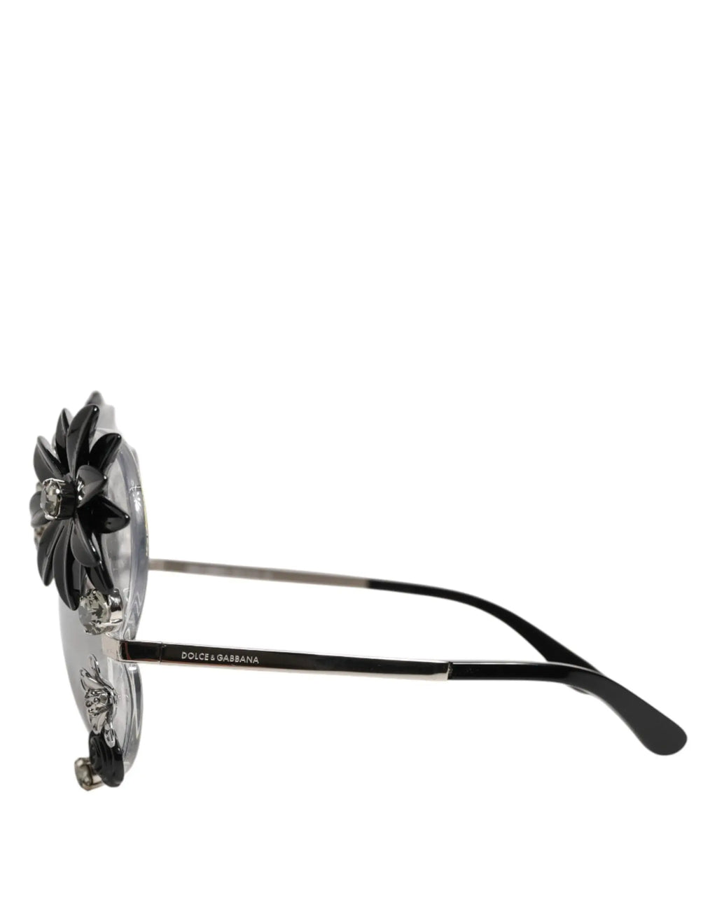 Lunettes de soleil rondes dolce & gabbana dg4292 transparentes avec fleurs en cristal noires et monture argentée
