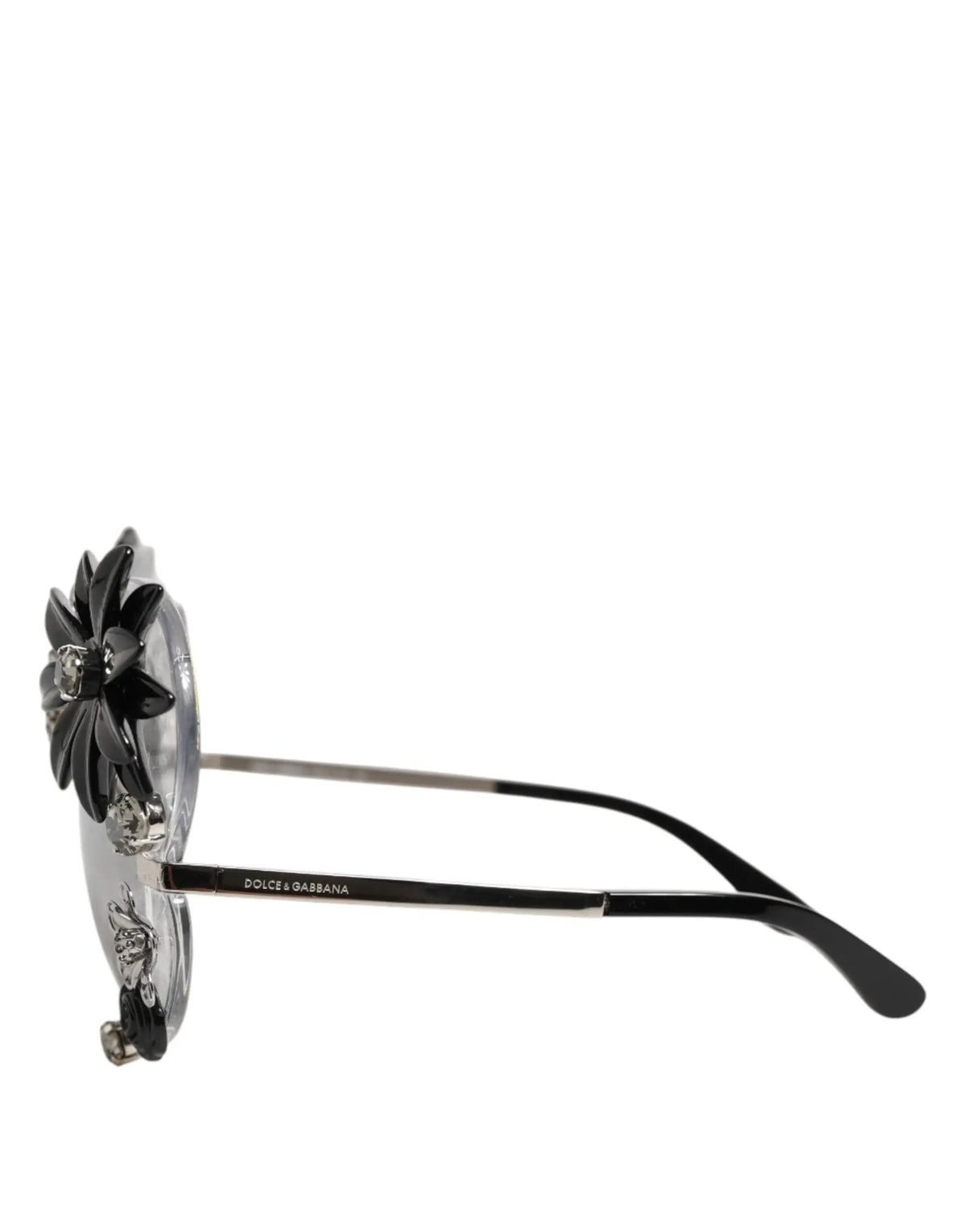 Lunettes de soleil rondes dolce & gabbana dg4292 transparentes avec fleurs en cristal noires et monture argentée