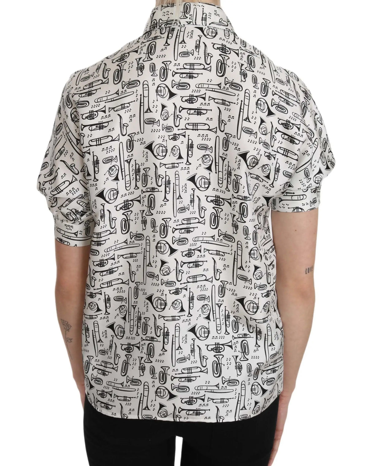 Chemise blanche manche courte Dolce & Gabbana en soie avec imprimé noir d’instruments de musique trumpets