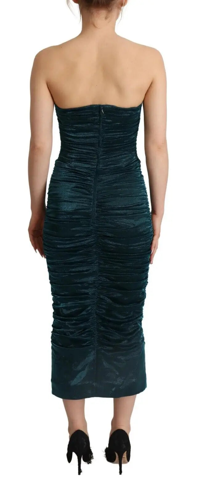 Robe mi-longue drapée dolce gabbana turquoise en satin émeraude profond sans bretelles et froncée