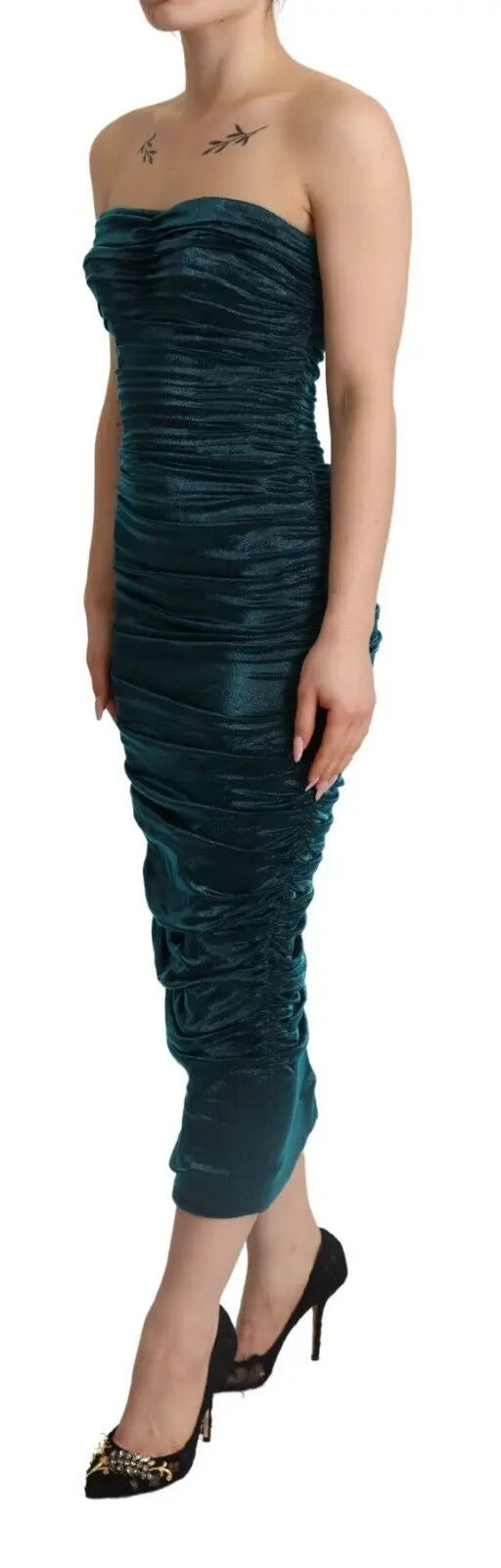 Robe midi drapée dolce & gabbana turquoise bustier en velours vert émeraude sans bretelles et froncée