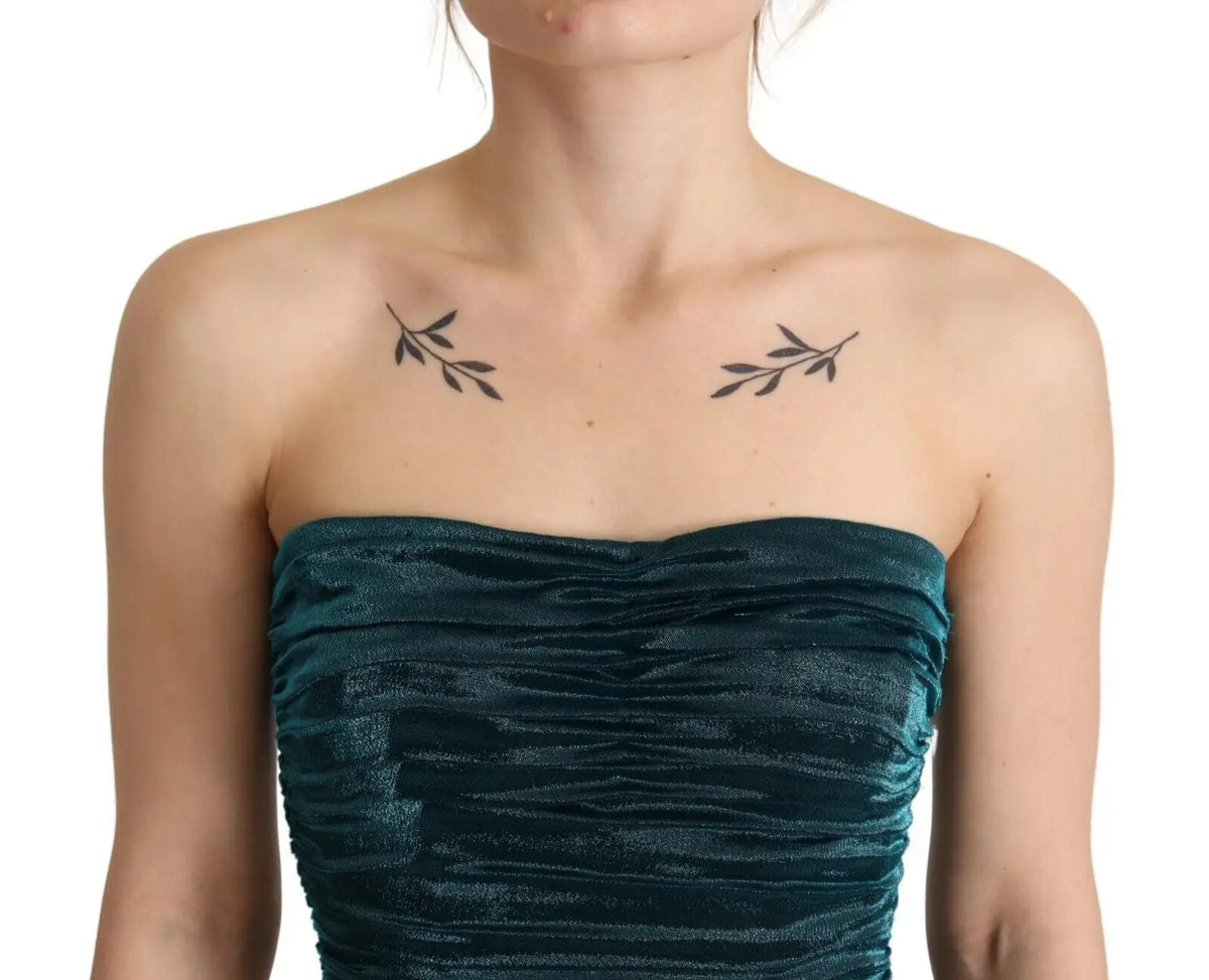 Top bustier sans bretelles en velours turquoise foncé avec texture froncée dolce gabbana midi drapé