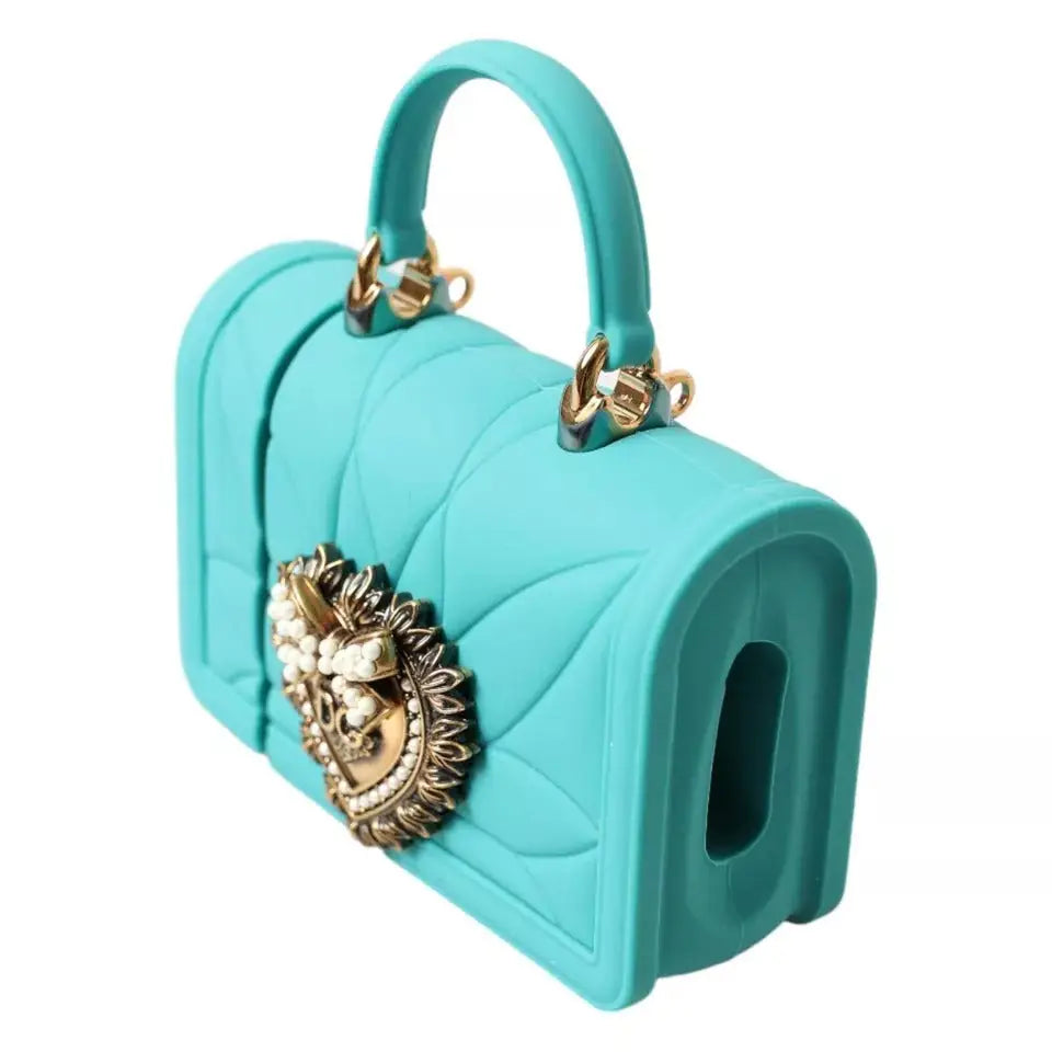 Sac à main turquoise en silicone matelassé dolce & gabbana avec fermoir cœur orné de perles et accessoires dorés