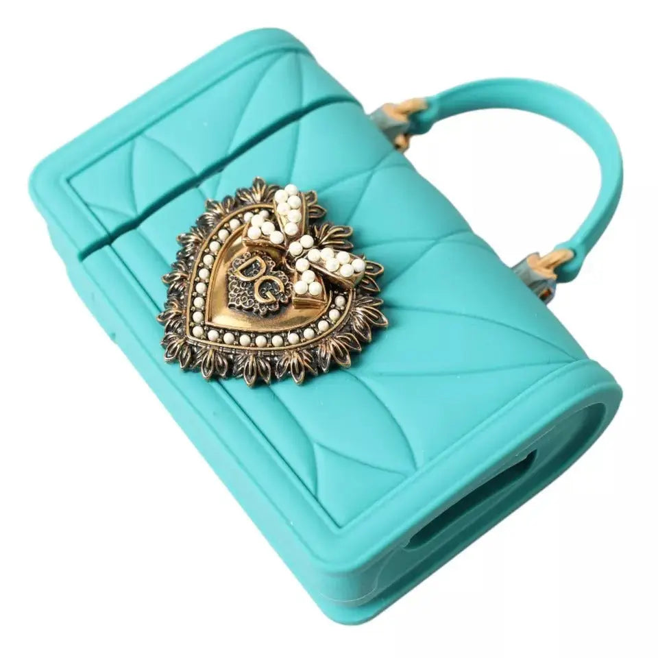 Dolce & gabbana turquoise quilted silicone devotion heart bag cover with gold pearl clasp for airpods case