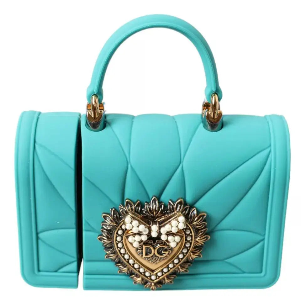 Sac airpods dolce gabbana turquoise en silicone avec fermeture cœur dorée perlée et logo dg