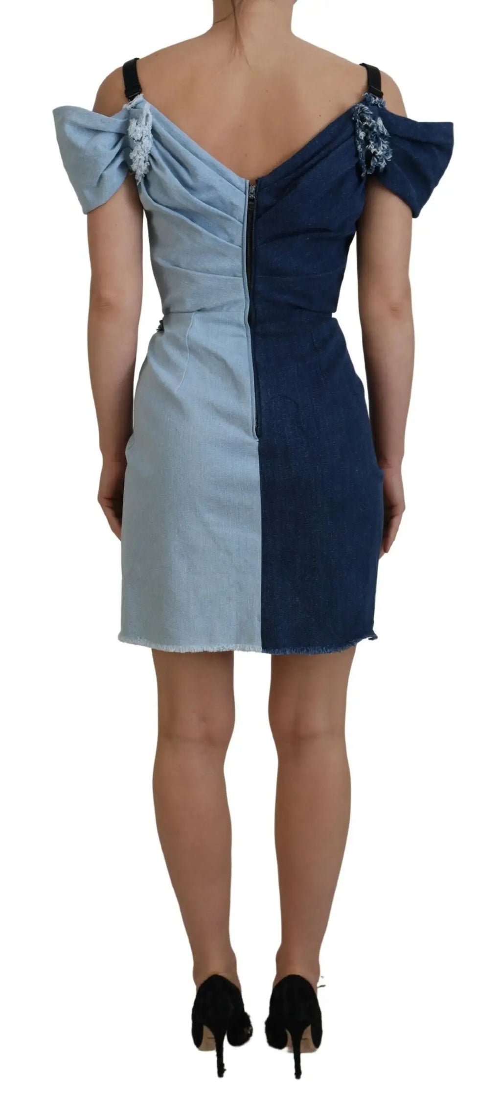 Robe mini en denim patchwork deux tons bleu clair et marine avec manches volantées et sequins dolce & gabbana