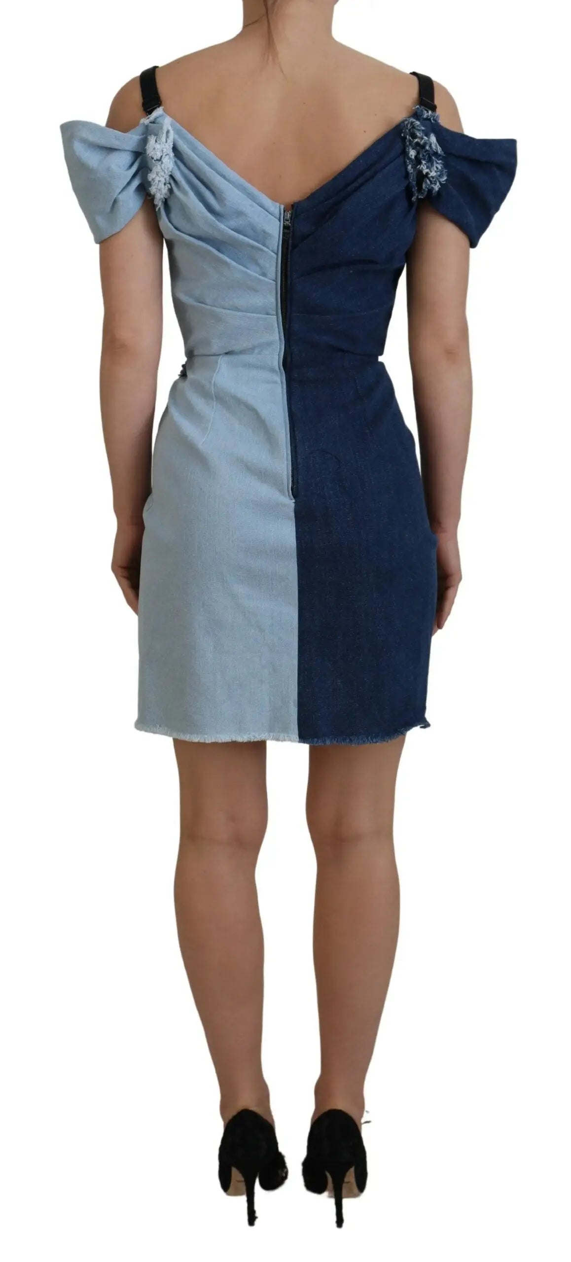 Robe mini en denim patchwork deux tons bleu clair et marine avec manches volantées et sequins dolce & gabbana