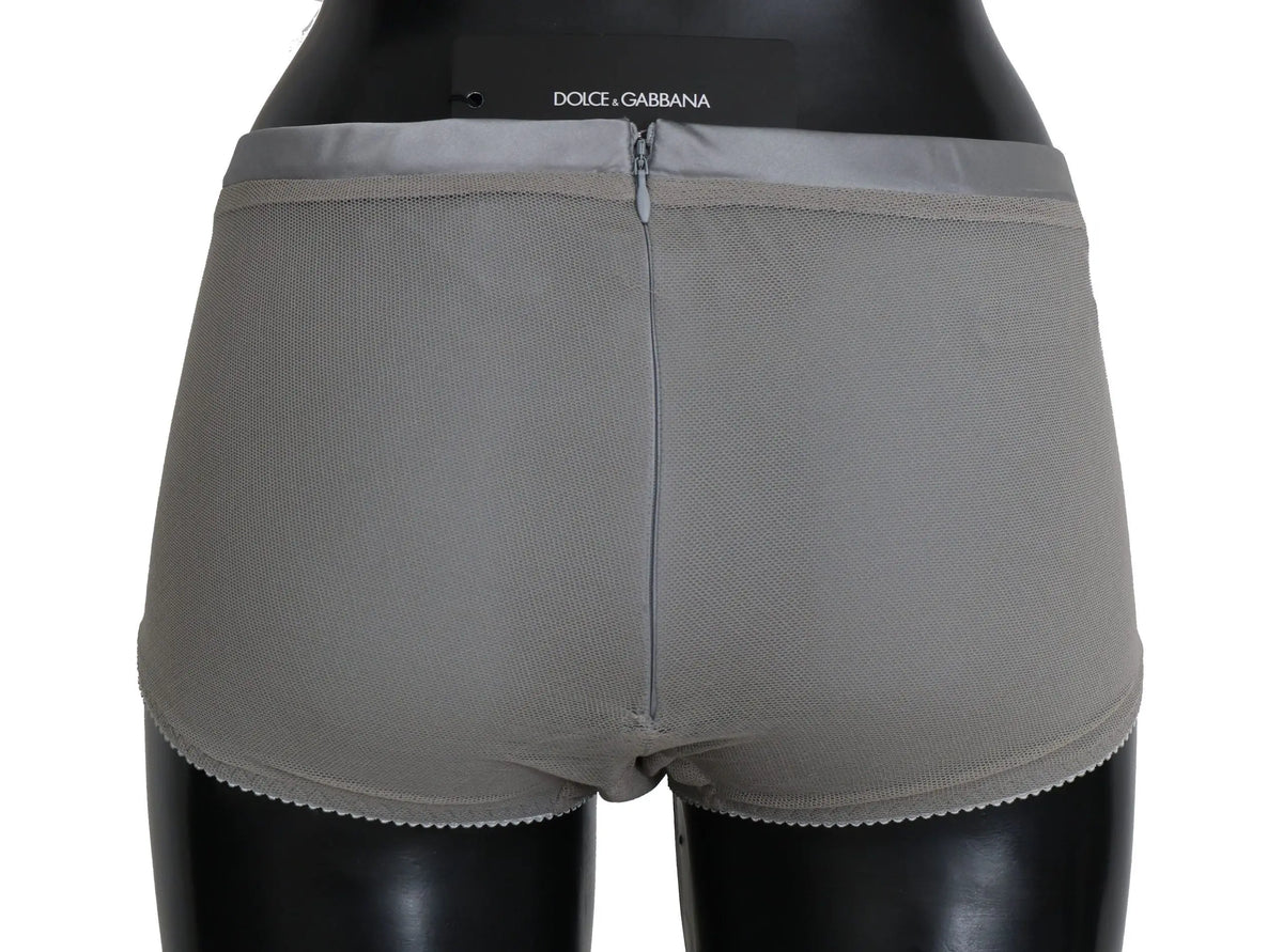 Briefs gris texturés dolce & gabbana avec fermeture éclair argentée, ourlet festonné et logo sur la ceinture en soie filet