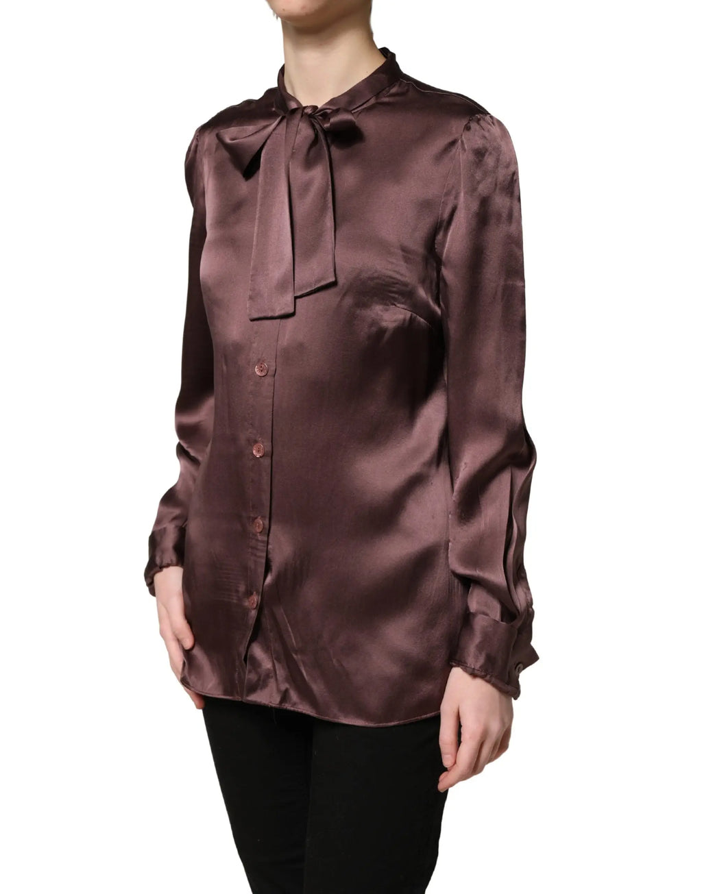 Blouse à manches longues en satin violet profond avec nœud ascot et fermeture boutonnée dolce gabbana
