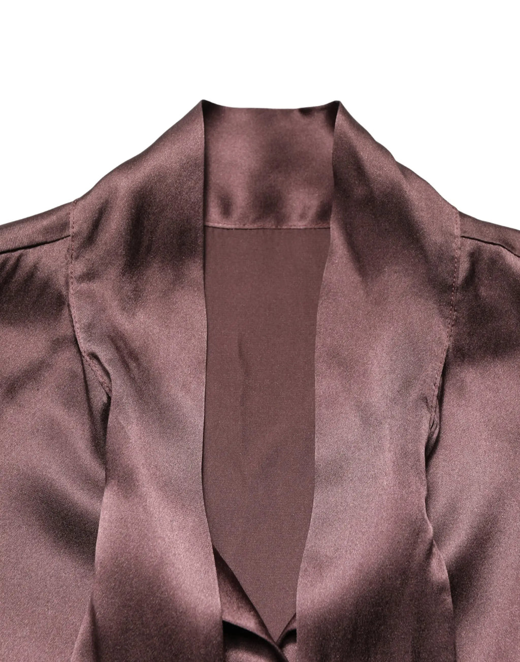 Blazer en satin chocolat de luxe avec col haut élégant et tissu lisse reflet brillant pour dolce gabbana violet satin long sleeve ascot tie shirt top