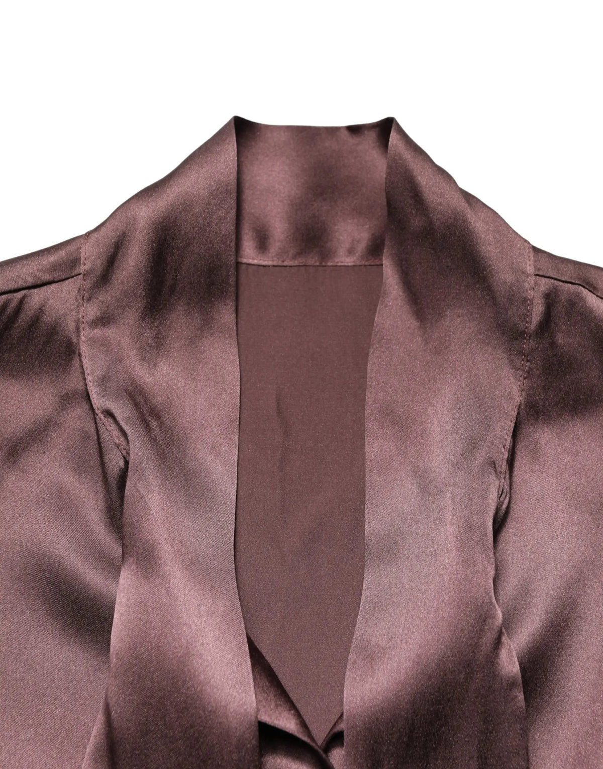 Blazer en satin chocolat de luxe avec col haut élégant et tissu lisse reflet brillant pour dolce gabbana violet satin long sleeve ascot tie shirt top