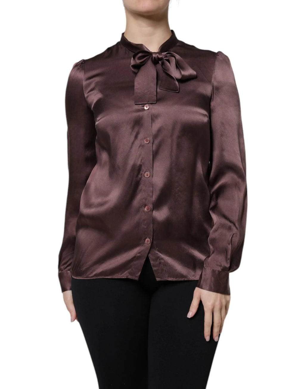 Blouse longue manches en satin chocolat dolce gabbana avec nœud ascot et boutons assortis devant