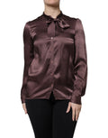 Blouse longue manches en satin chocolat dolce gabbana avec nœud ascot et boutons assortis devant