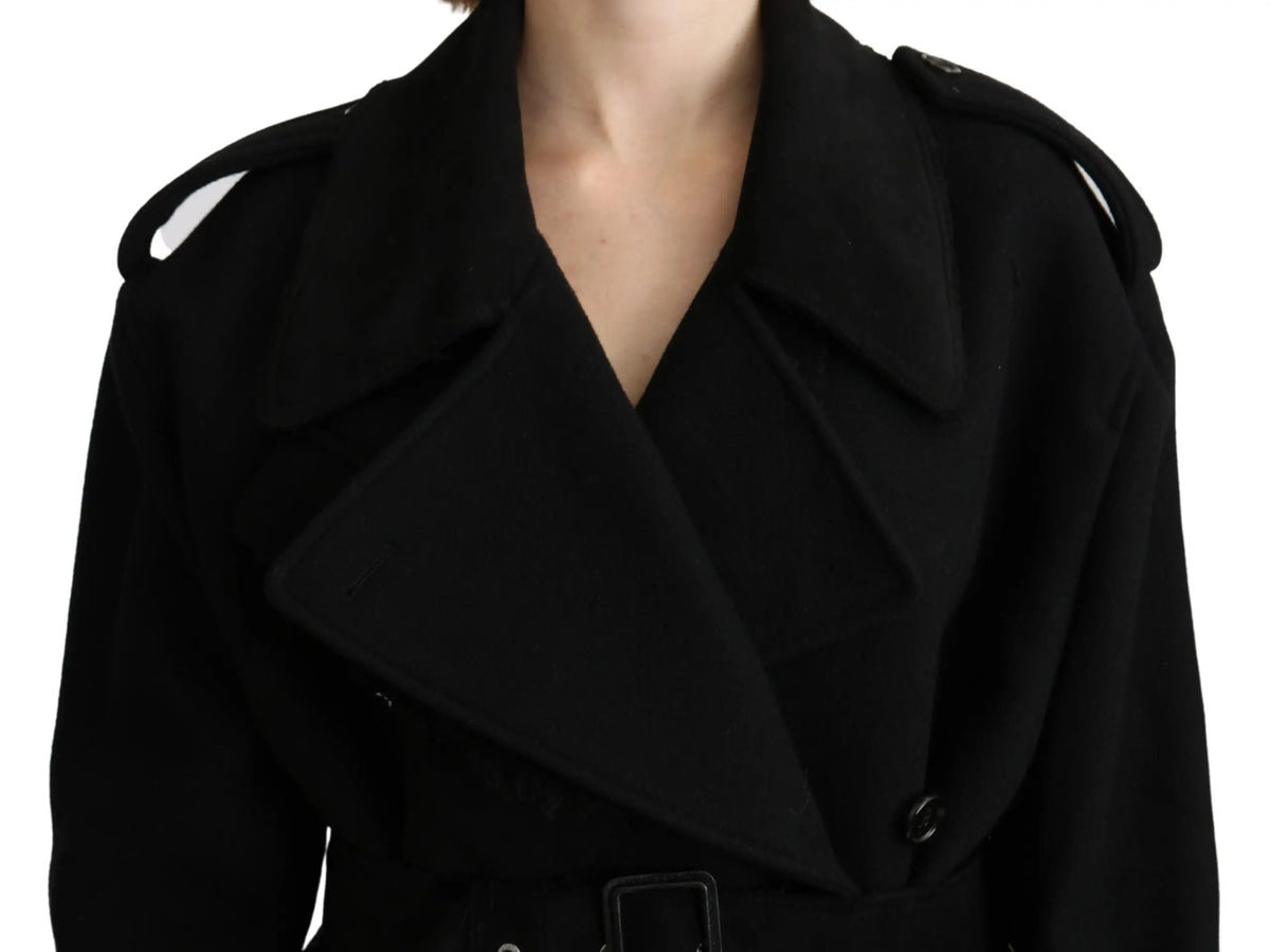 Dolce & Gabbana blazer trenchcoat en laine vierge noir avec épaules structurées et taille ceinturée