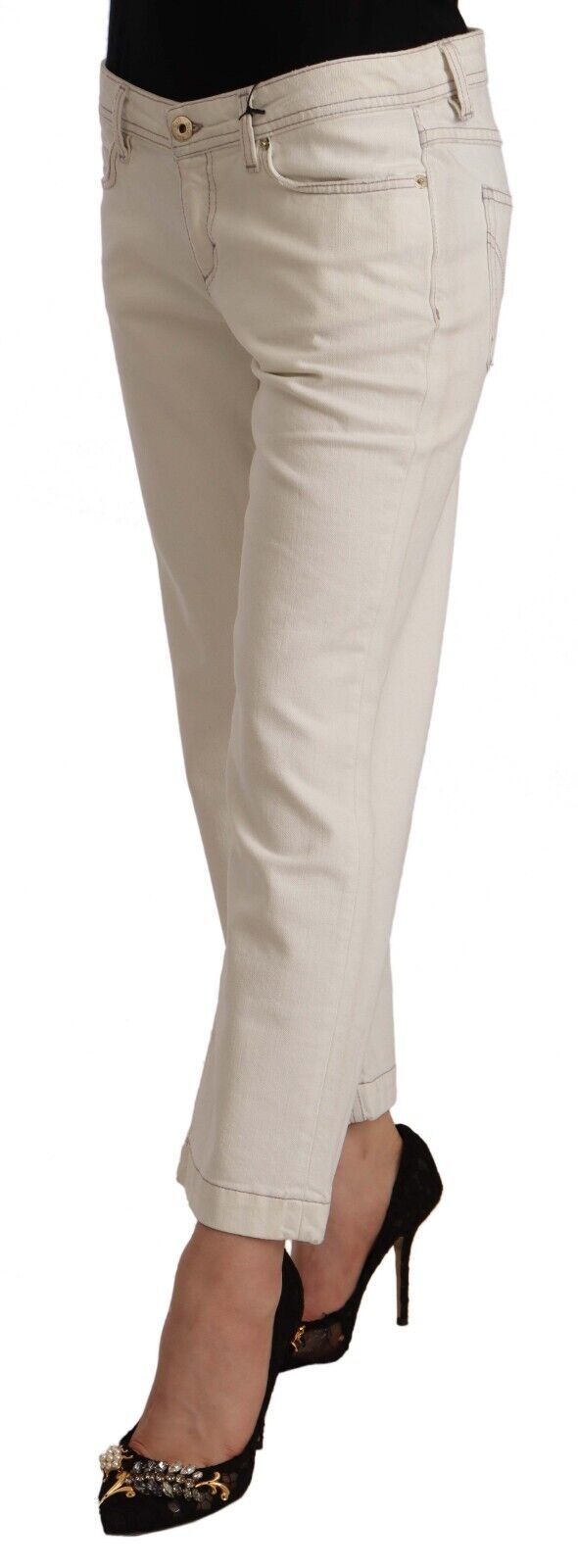 Jeans en jean délavé blanc cassé Dolce & Gabbana, coupe évasée et courte, en coton avec finition décontractée.