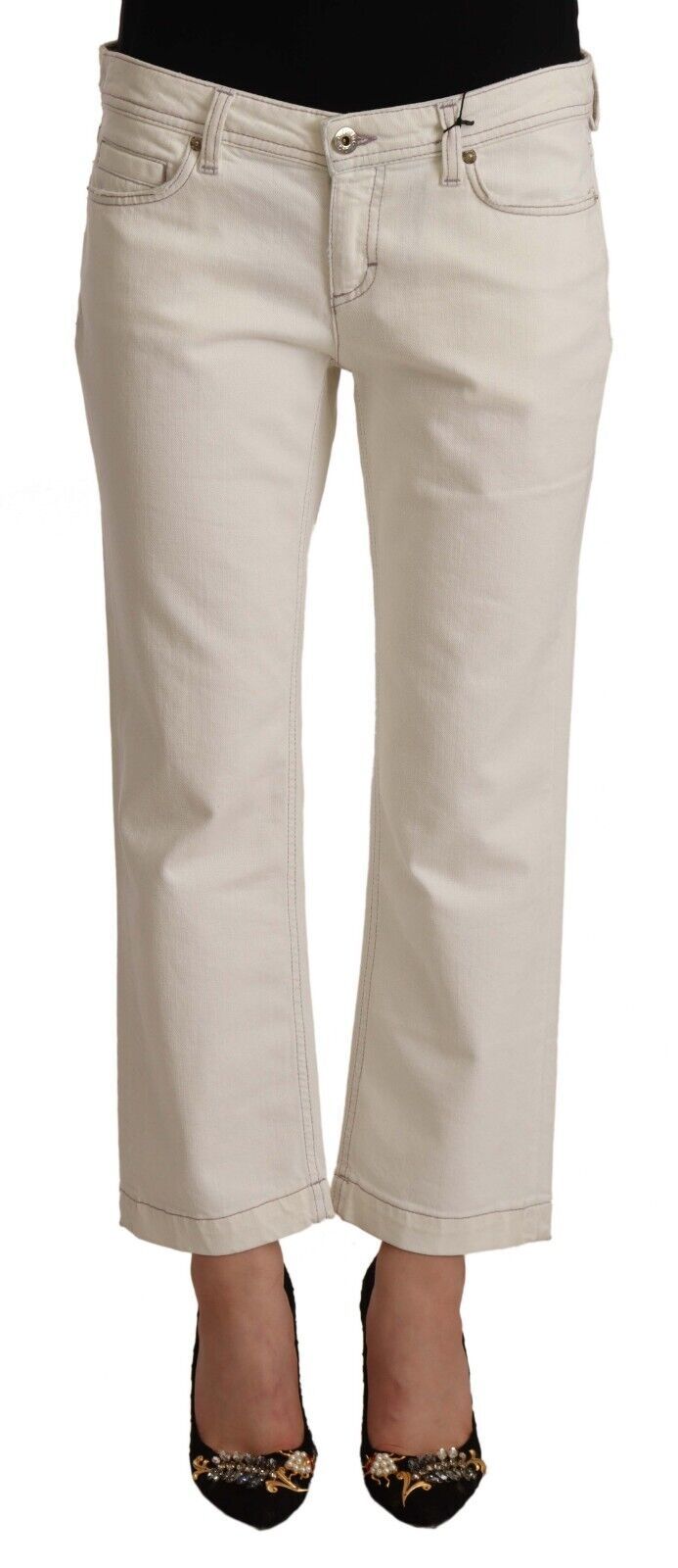 Jeans en denim blanc cassé Dolce & Gabbana, coupe évasée et courte, en coton, style décontracté et tendance.